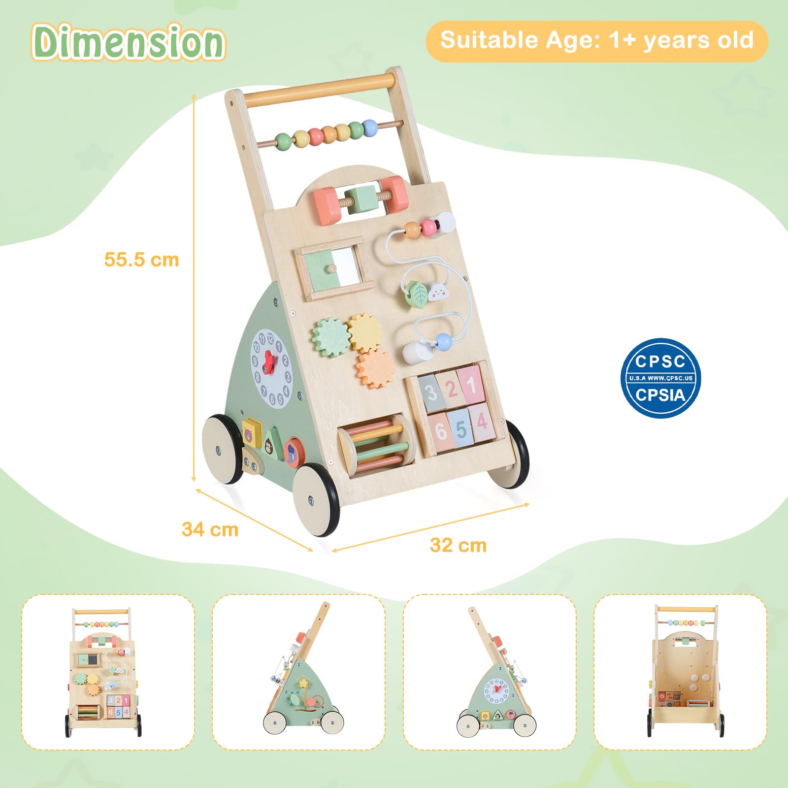 FANTASK Passeggino in legno per bambini a partire da 1 anno, con tavola attiva, ruote e cestino, Centro attività Montessori, giocattolo per primi passi