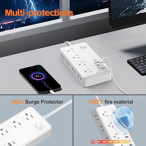 Miniatura 5 de Cable de extensión plano con protector de sobretensiones, regleta de alimentación de enchufe plano con certificación ETL, 8 salidas de CA, 4