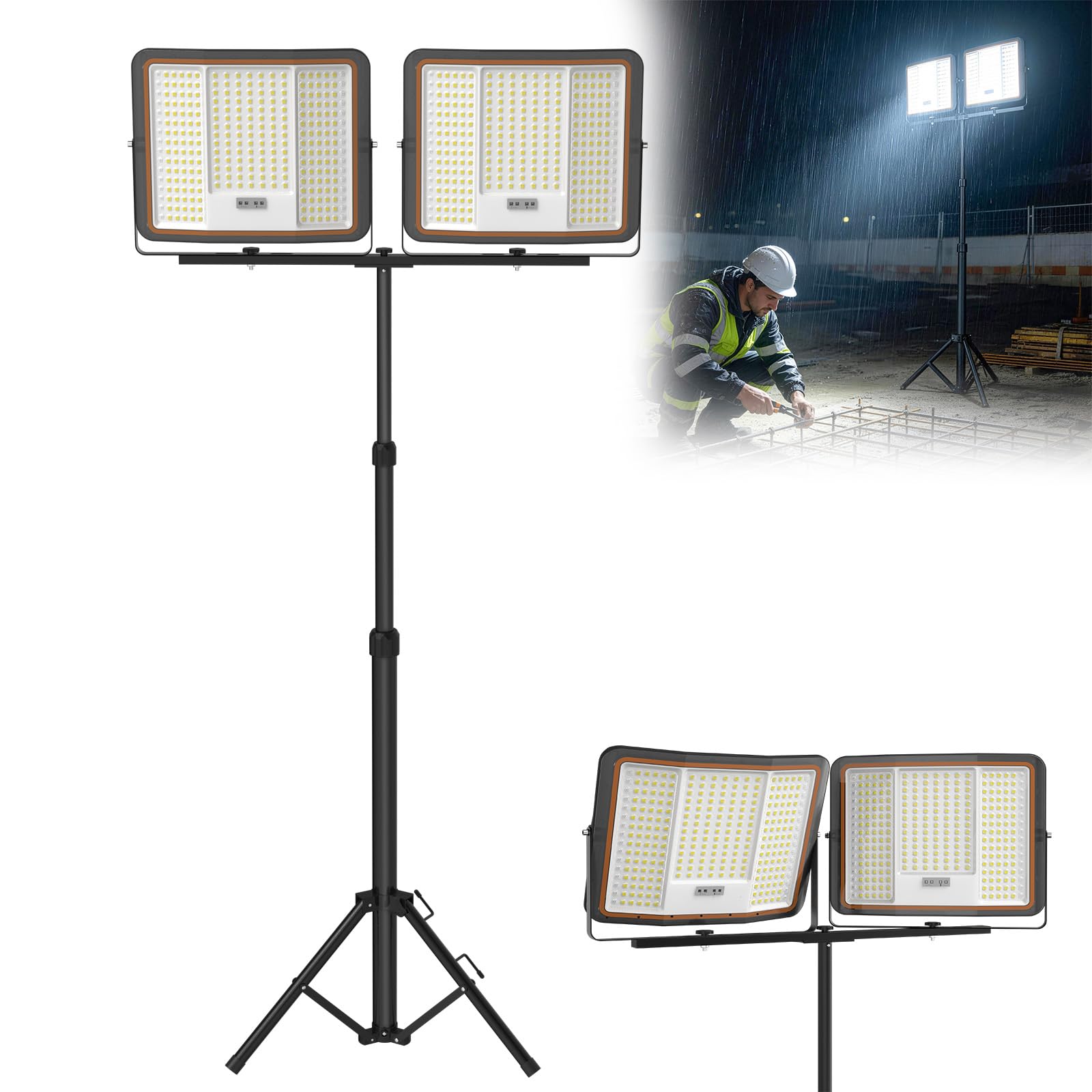 LZQ LED Baustrahler Doppel 2x300W | Arbeitsstrahler Baustellenlampe mit Teleskop Stativ | Baulampe Strahler Höhenverstellbar Bauscheinwerfer für Werkstatt Garage | 360° Drehbar | Wasserdicht IP66