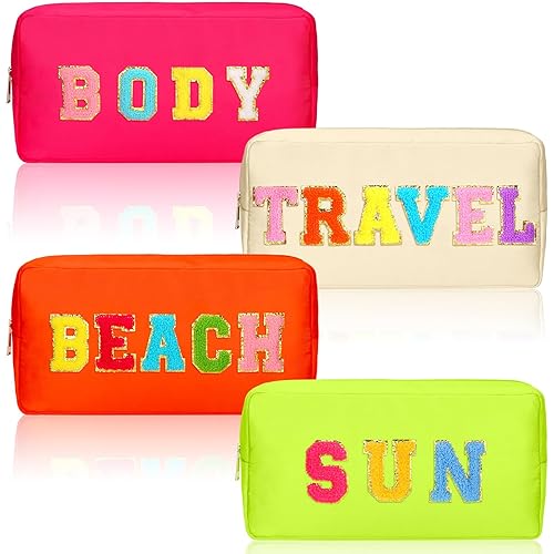 Pinkunn 4 bolsas de maquillaje de chenilla con parche de letras de chenilla, bolsa de cosméticos para viajes de verano, playa, sol, bolsa de