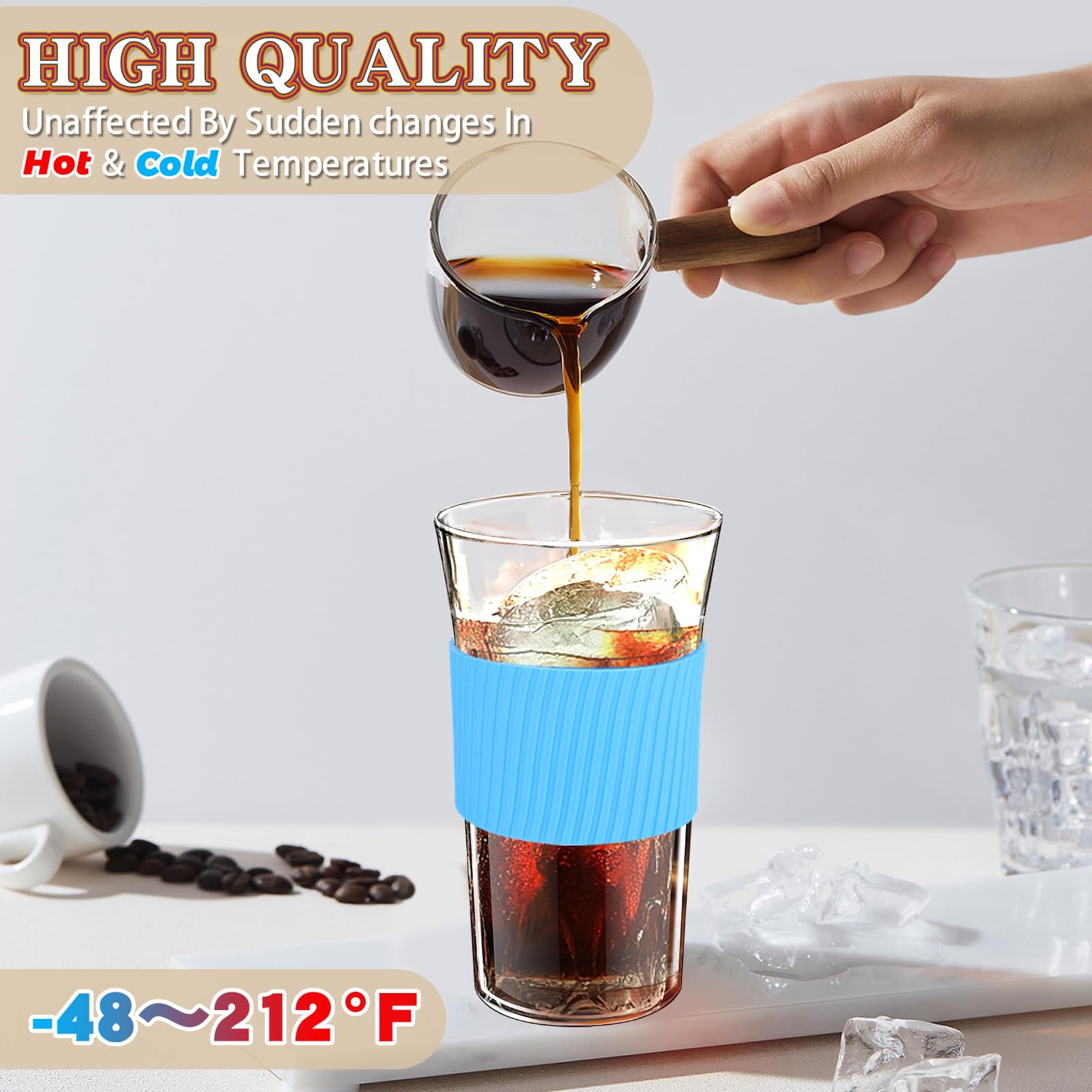 Amazon.com: Kftamoetly 2 Pack 16 oz Iced Coffee Cups with Lids & Straw,  Reusable Glass Tumbler with Silicone Sleeve, Wide Mouth Can-Shaped Design  for Juice, Smoothie, Water (Blue) : Home & Kitchen