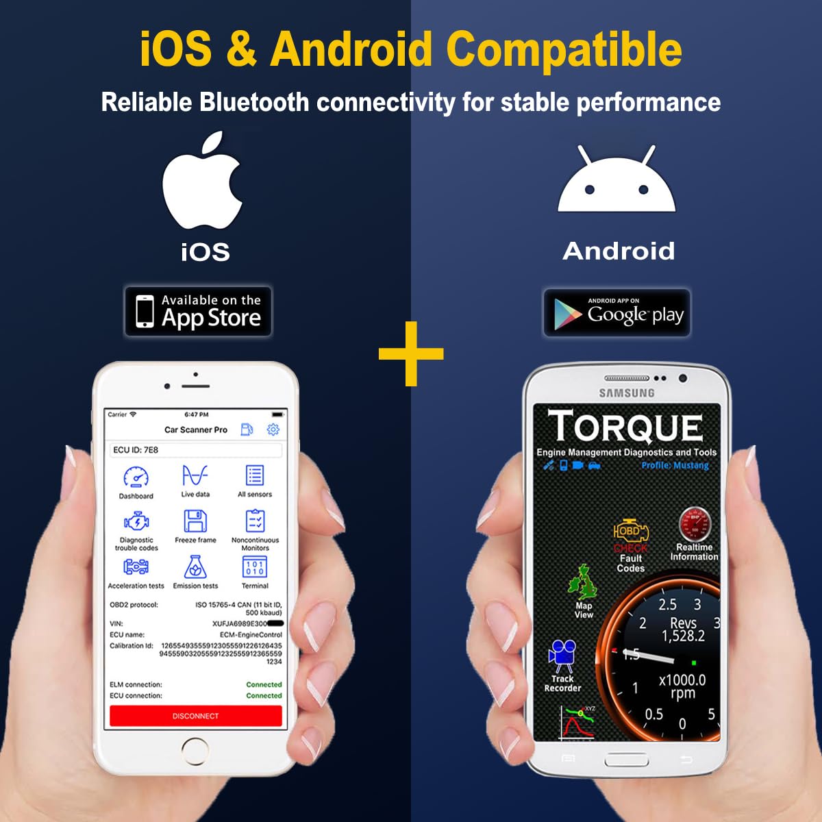 Escáner Bluetooth OBD2 para iOS iPhone y Android, Herramienta de diagnóstico inalámbrica para Lector de código de Coche para Comprobar la luz del Motor, Funciona en vehículos OBDII 1996 y