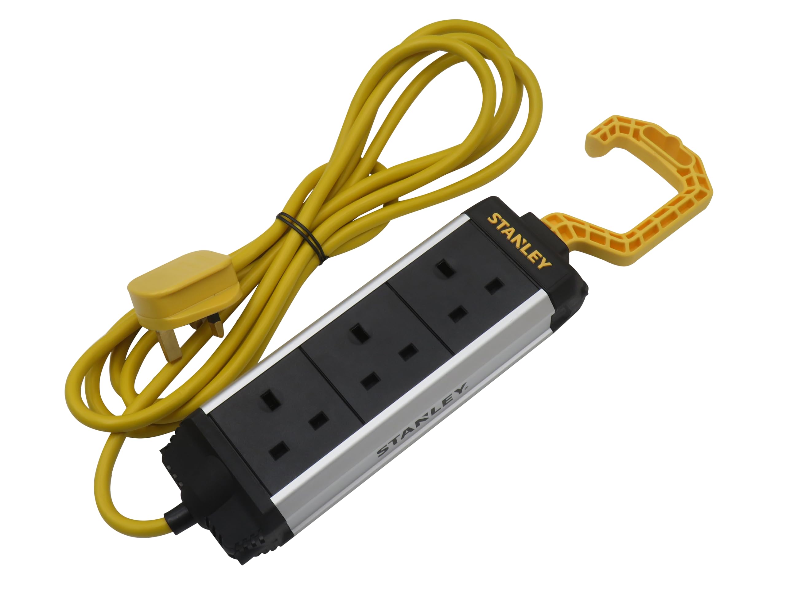 STANLEY 3-Gang 3M Powerboard with Foldable Hook for Easy Attachment to ladders scaffolds or Ground Points - Hi-vis Yellow Cable Increases Job site Safety