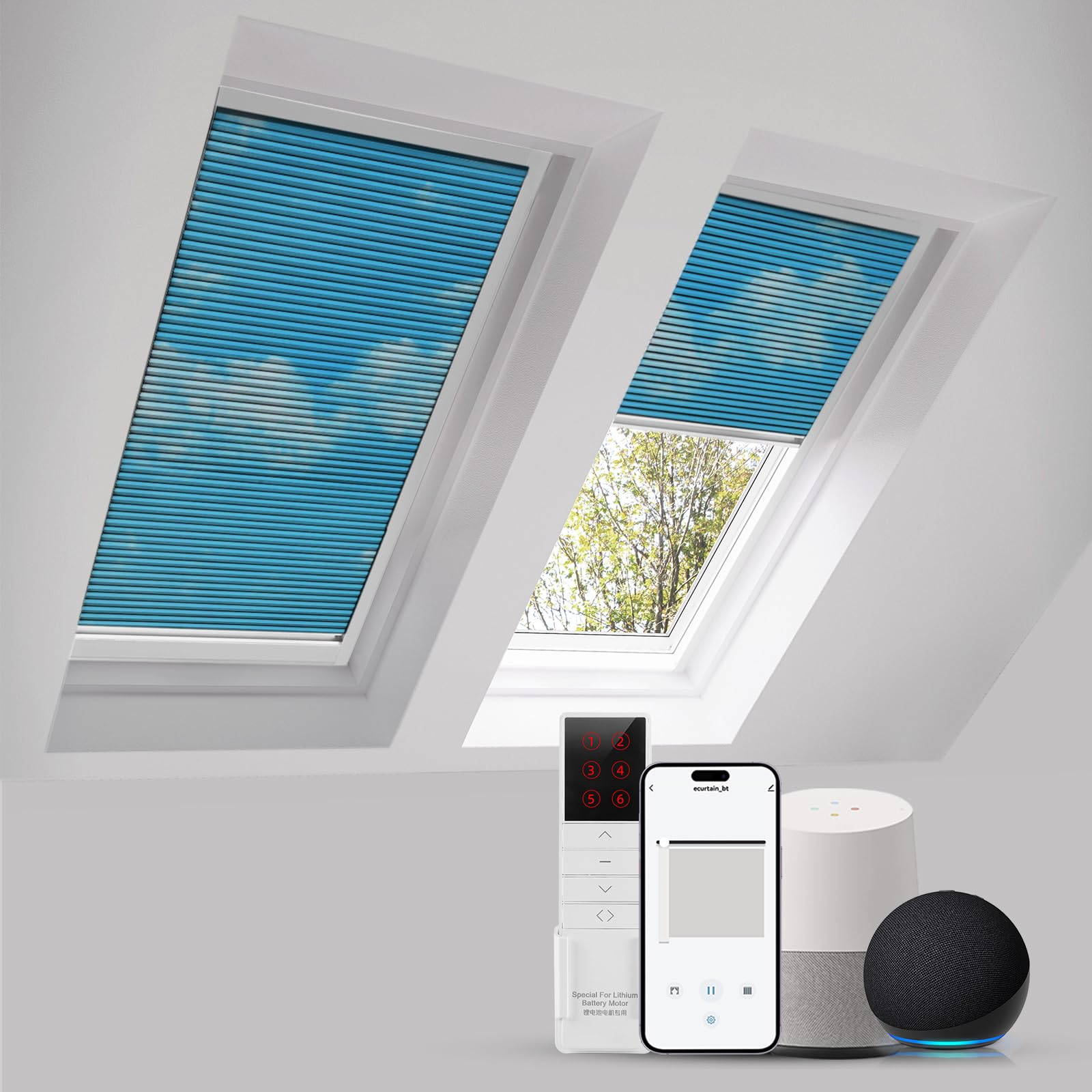 ZSTARR Motorized Skylight Shades Cellular Honeycomb Electric Blinds with Solar Panel Cordless Rechargeable Shades with Remote for Roof Inclined Plane Room Custom Size(Black Out Blue Sky)