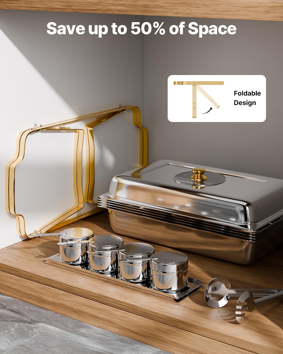VEVOR Juego de Calentador de Alimentos Acero Inoxidable con 4 Recipientes Tamaño Medio(4 L Cada Uno), Rectangular, con Tapa Vidrio y Soporte a Bandeja de Agua y Depósito de Combustible, Dorado