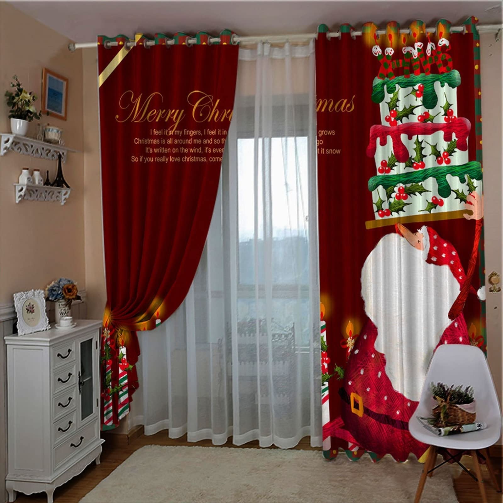 Tenda Occhielli Candele di Babbo Natale con Torta, Tenda X Finestra per Cameretta Bambini, 214x274CM