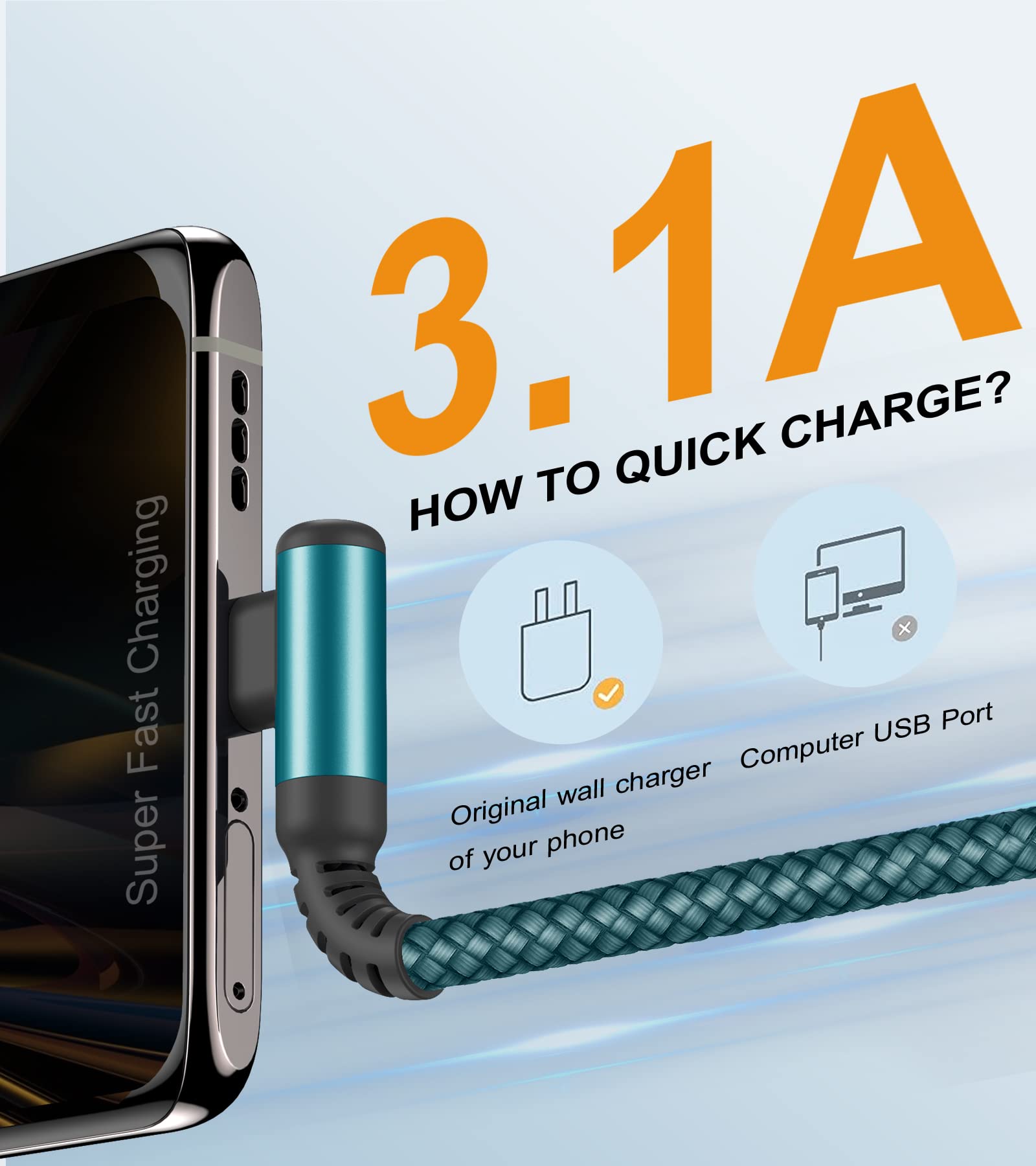 Cavo USB C angolo di 90 gradi [2 pezzi 3m] ricarica rapida, cavo di ricarica Cavo USB C in nylon tipo C per Samsung Galaxy S21 Plus, Note10 / 9/8, M31, A71 A52 A51 A50 A40 A10 A7, Mi9 / 8 - verde