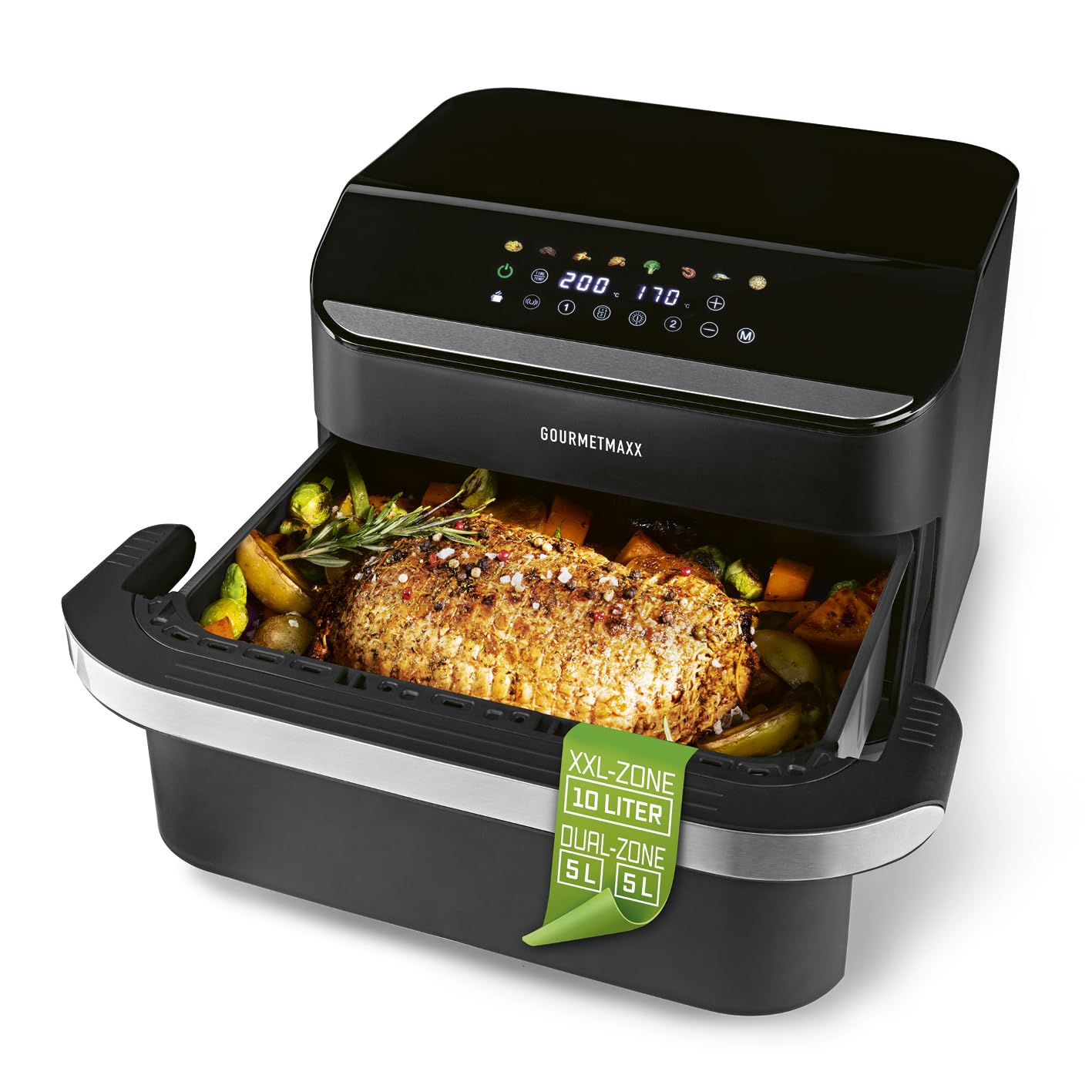 GOURMETmaxx Heißluftfritteuse, 10 L - 2 x 5 L Airfryer Vario-Kammer | Fritteuse mit 8 Programmen & Touchscreen | Heißluftfritteuse 2 Kammern – 2 Speisen gleichzeitig zubereiten | für max. 8 Personen