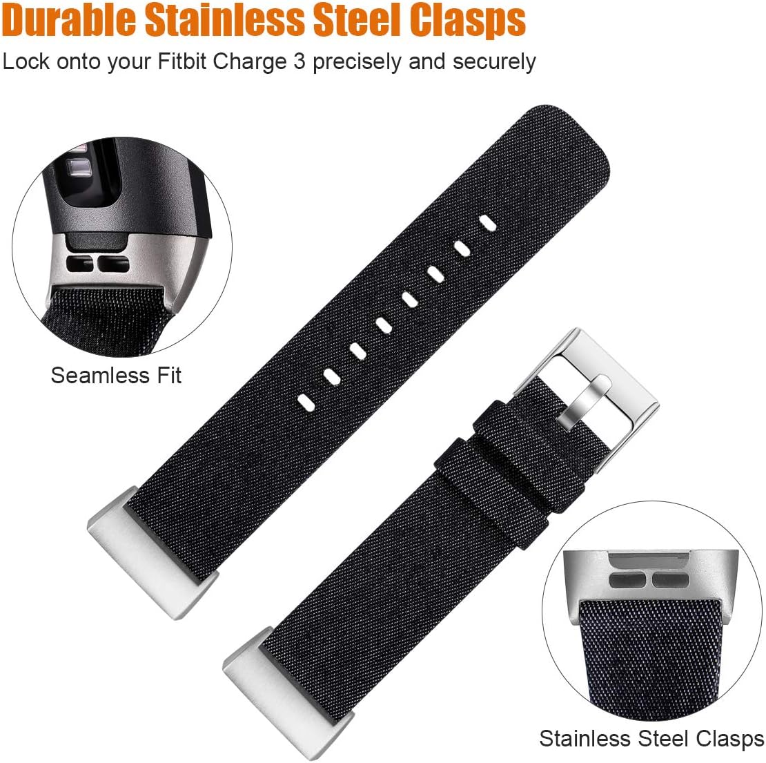 Maledan Compatible with Charge 4 and Charge 3 Bands for Women Men, Soft Woven Fabric Replacement Band Strap for Charge 4/Charge 3/Charge 3 SE, Denim Black, Small