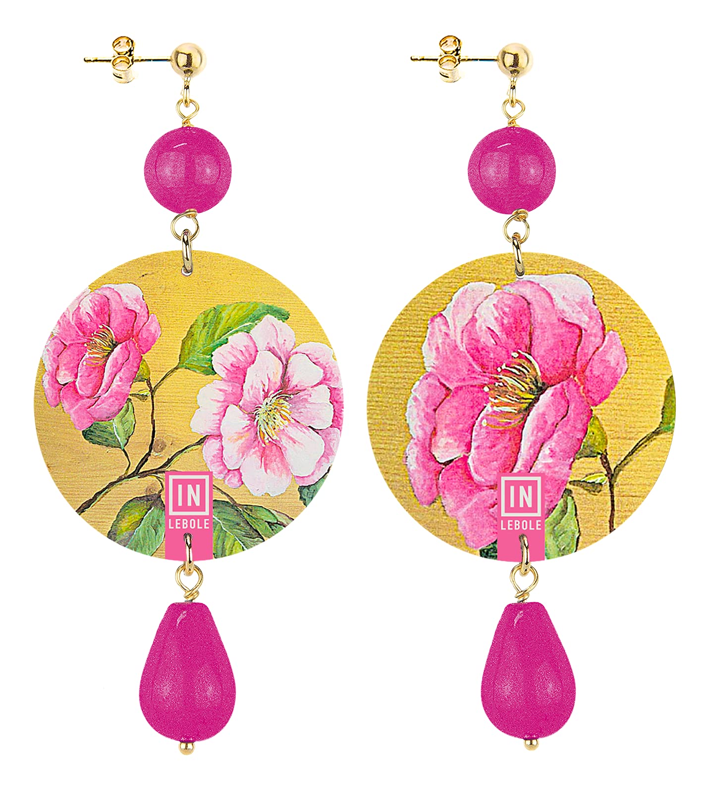 Collezione The Circle Fondo Oro Fiore Rosa Orecchini da Donna in Ottone Pietra Fucsia