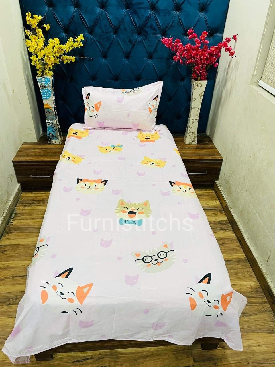 Furnistitchs Microfiber Single Bed Sheet with 1 Pillow Cover 60"X 90" inches Cotton Feel, Arrow Blue (Cats Pink)