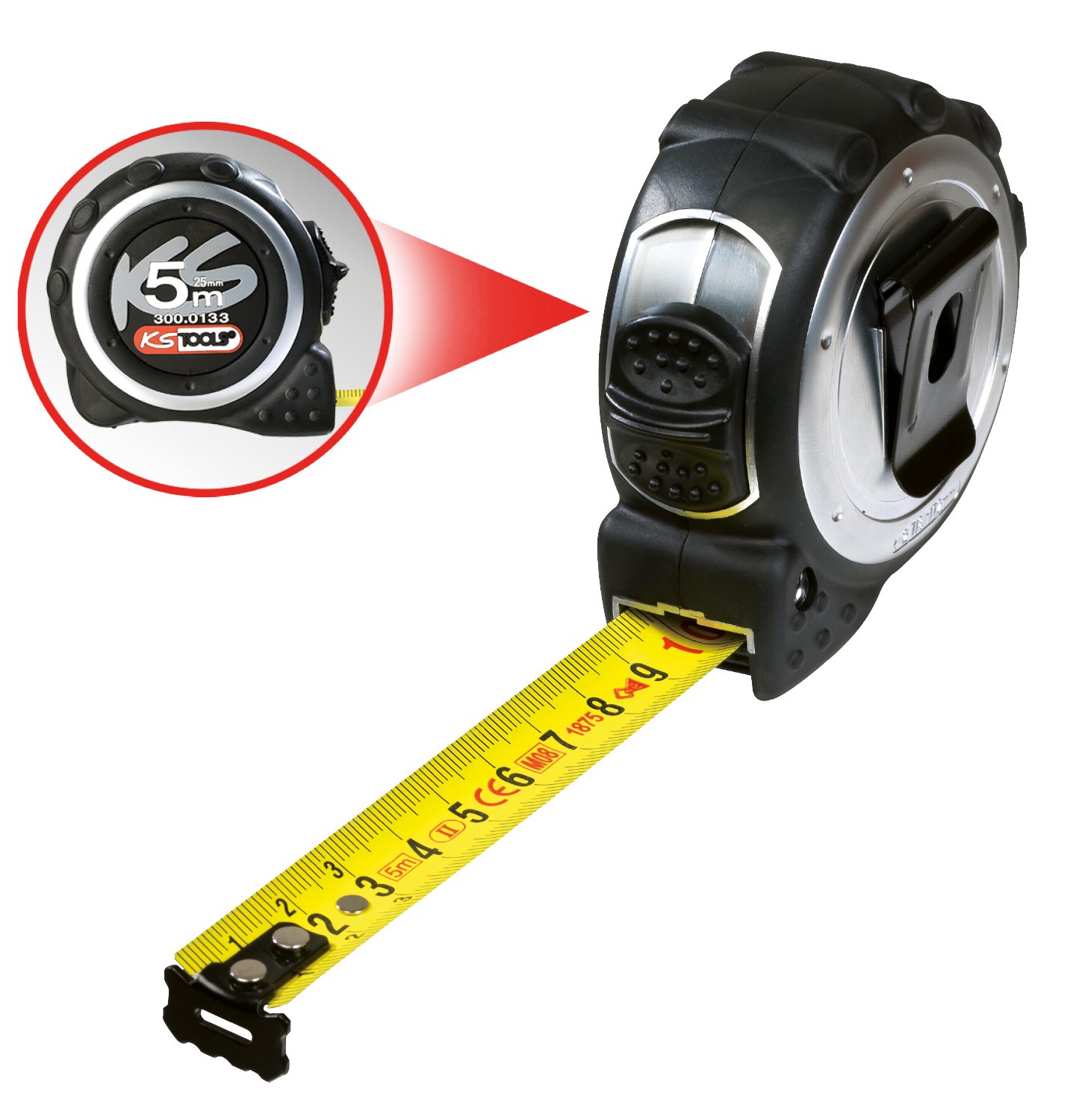 KS TOOLS Tape Measure with Locking Device and Belt Clip, Black Grey, 5m, 25mm