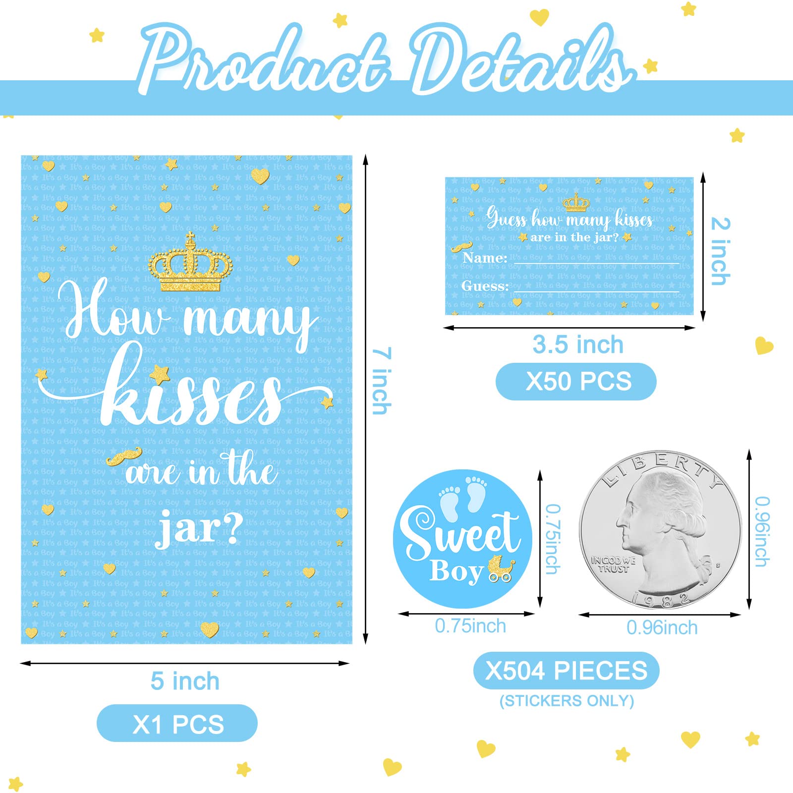 Moukeren 555 Pcs How Many Kisses Game Card Kit How Many Kisses Baby Shower Games Standing Sign Guessing Cards Baby Shower Stickers for Kid Sprinkle Birthday Party, No Candy and Jar(Blue Boy Style)