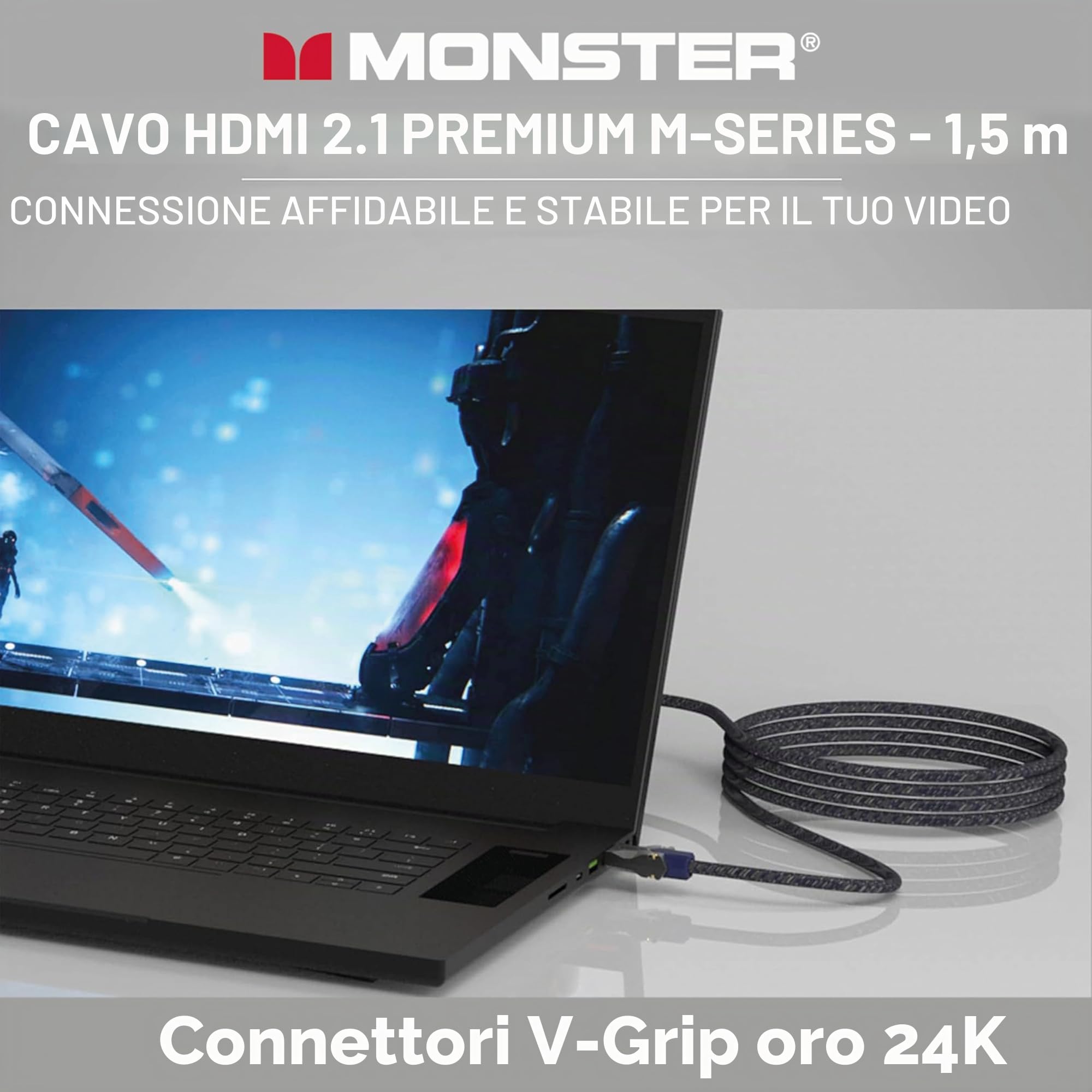 Monster - Cavo HDMI 8K Video HDR 48GBPS, Velocità Flash, Connettori V-Grip Tripla Schermatura, 1,5 m, Nero