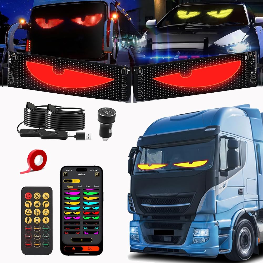 Devil Eyes Lights for Cars & Trucks, Dynamic Programmable Ultra-Thin Flexible Windshield LED Panels with Bluetooth APP & Remote Control for SUVs (23.42x4.72 Inch-2PCS)