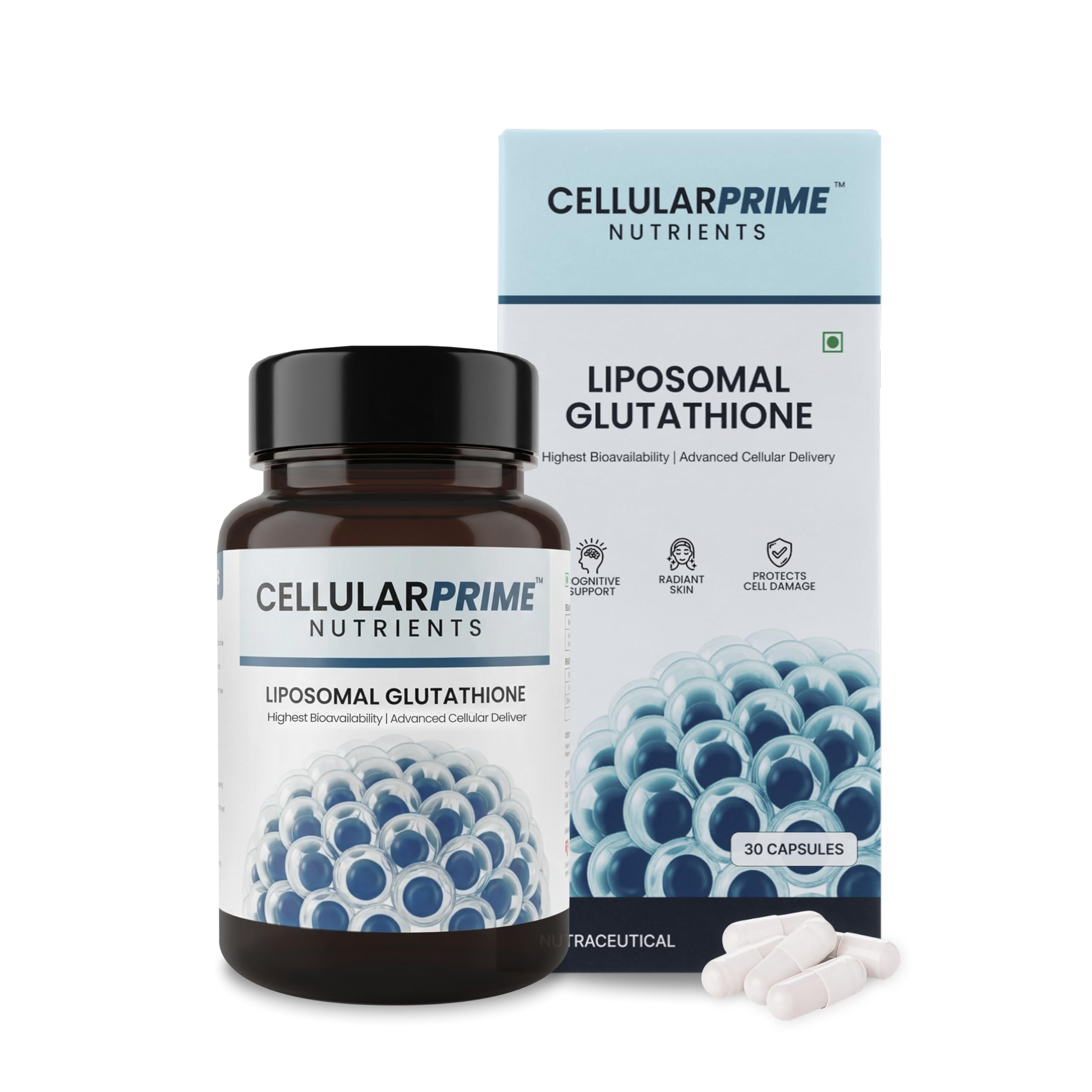 prime glutathione Cellular Prime 85% Liposomal Glutathione 650mg Capsules - WHO GMP Certified  - 64x Better Absorption