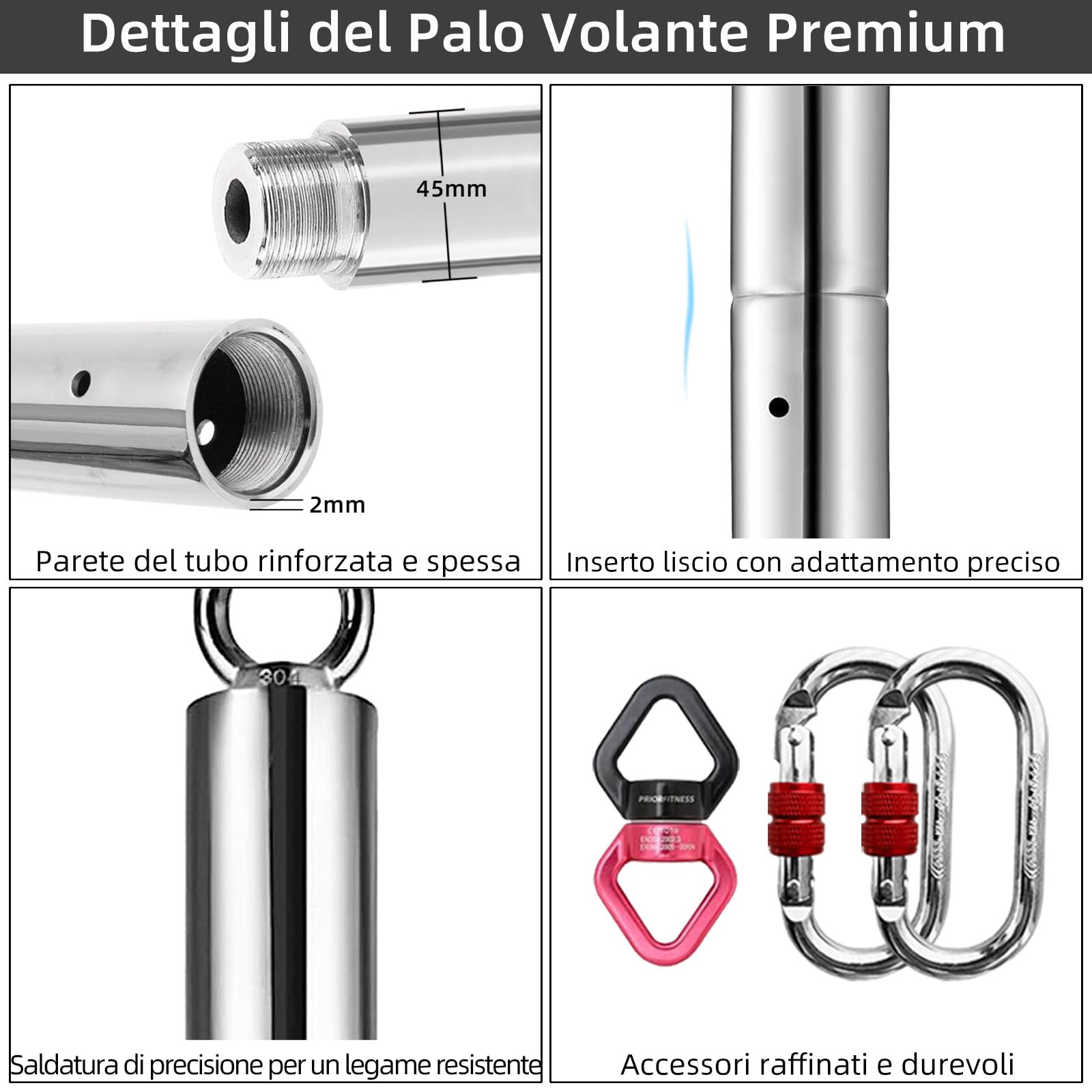 PRIOR FITNESS Palo Pole Dance da Casa 45 mm, Palo Staccabile, Set di Bastoni da Ginnastica Volanti - Ideato per Palestre e Bar Domestici (Portata 150 kg)