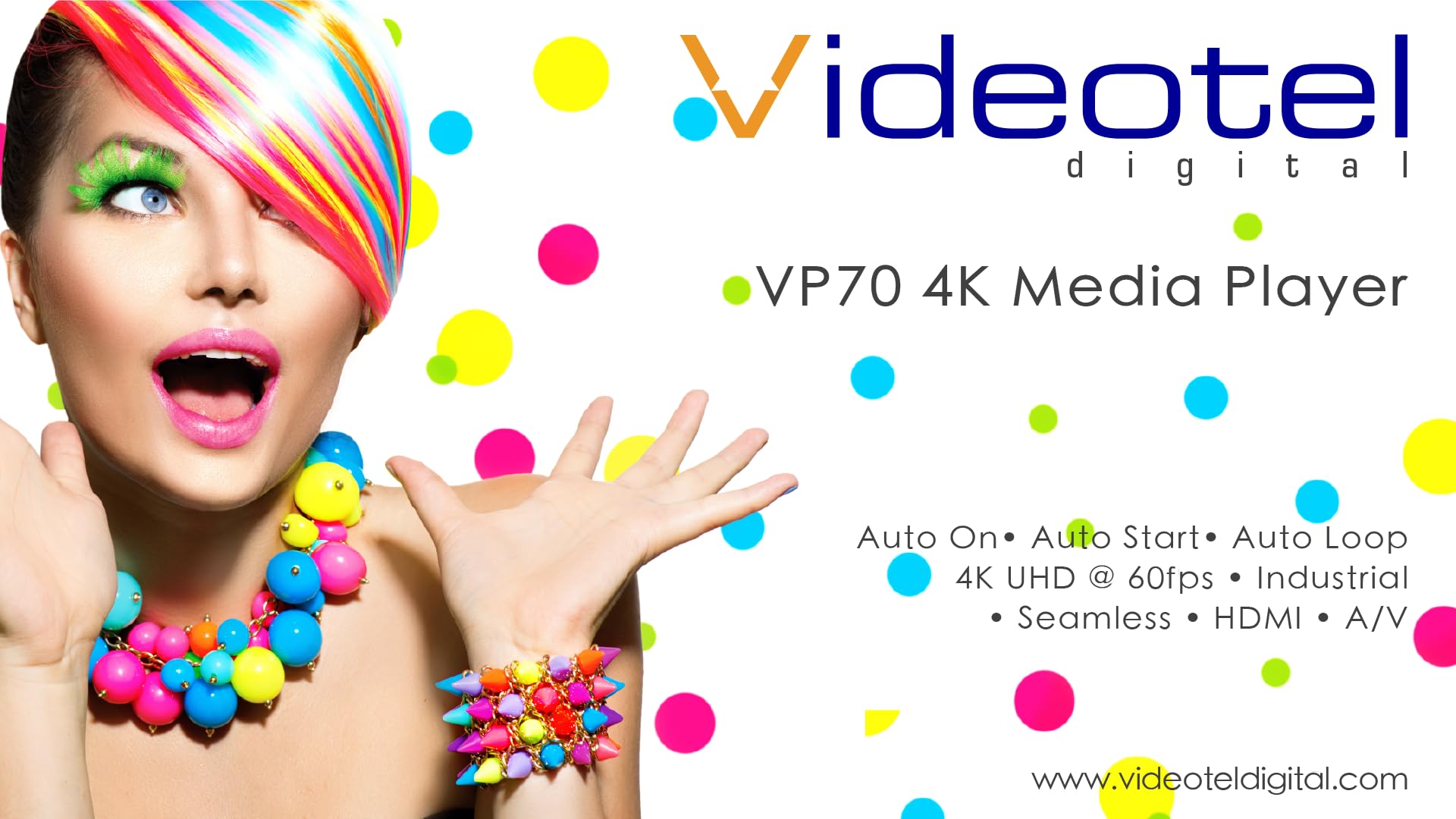 VP70 4K Videotel Digital Industrial Grade Auto Looping Digital Signage Media Player für robuste Nutzung. Automatisches Einschalten, automatische Wiedergabe und automatische nahtlose Loops Videodateien