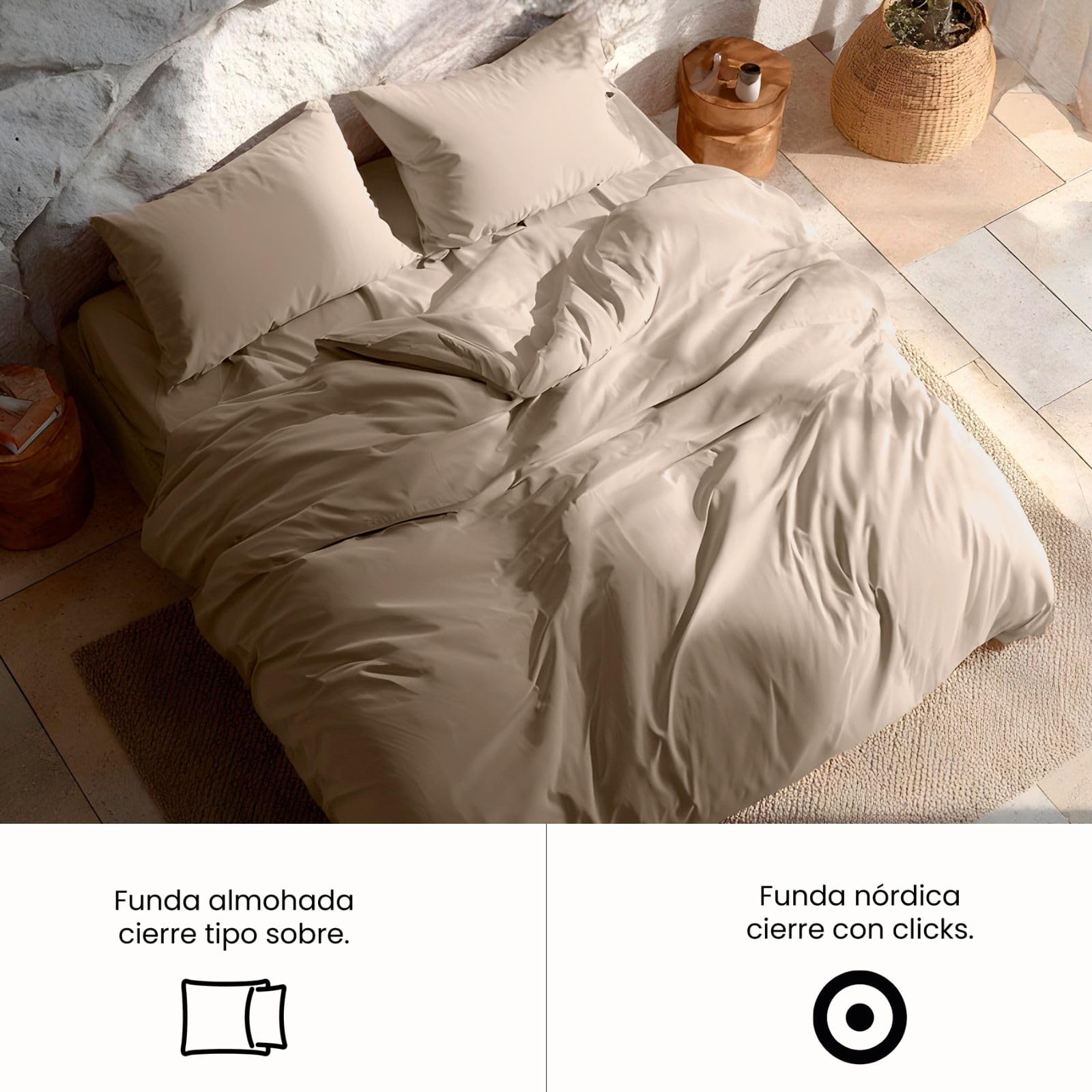 GAMUSI Juego Funda Nórdica Cama 180, Lisa 100% Algodón, Funda Edredón 260x240 cm y 2 Funda Almohada, Transpirable, Suave, Color Piedra