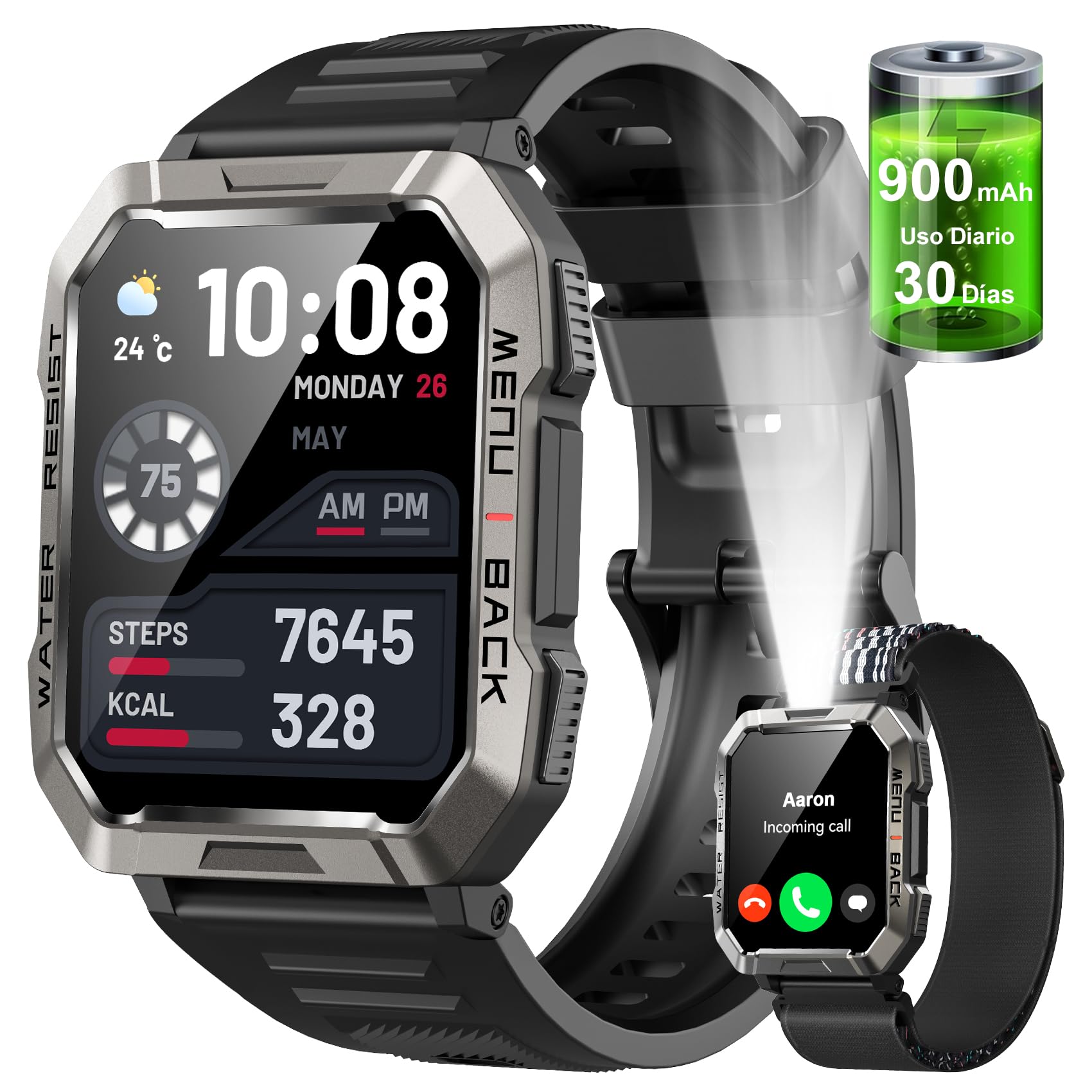 Reloj Inteligente Hombre, 2.01" Smartwatch Hombre con Linterna y Brújula, Smartwatch con Llamadas Bluetooth, Batería Grande de 900 mAh, 100+ Modos Deportivos, Pulsera Actividad Impermeable IP68