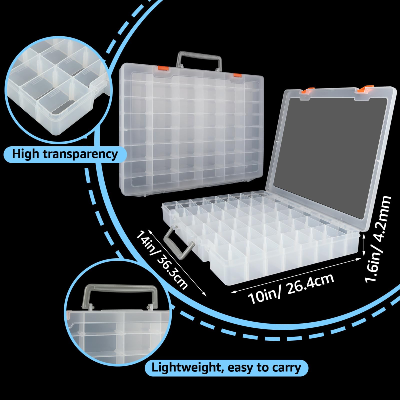 Confezione da 2 scatole organizer per gioielli in plastica trasparente a 48 scomparti, con divisori regolabili, contenitori per gioielli, multi scomparti, per artigianato, perline, gemme, rocce