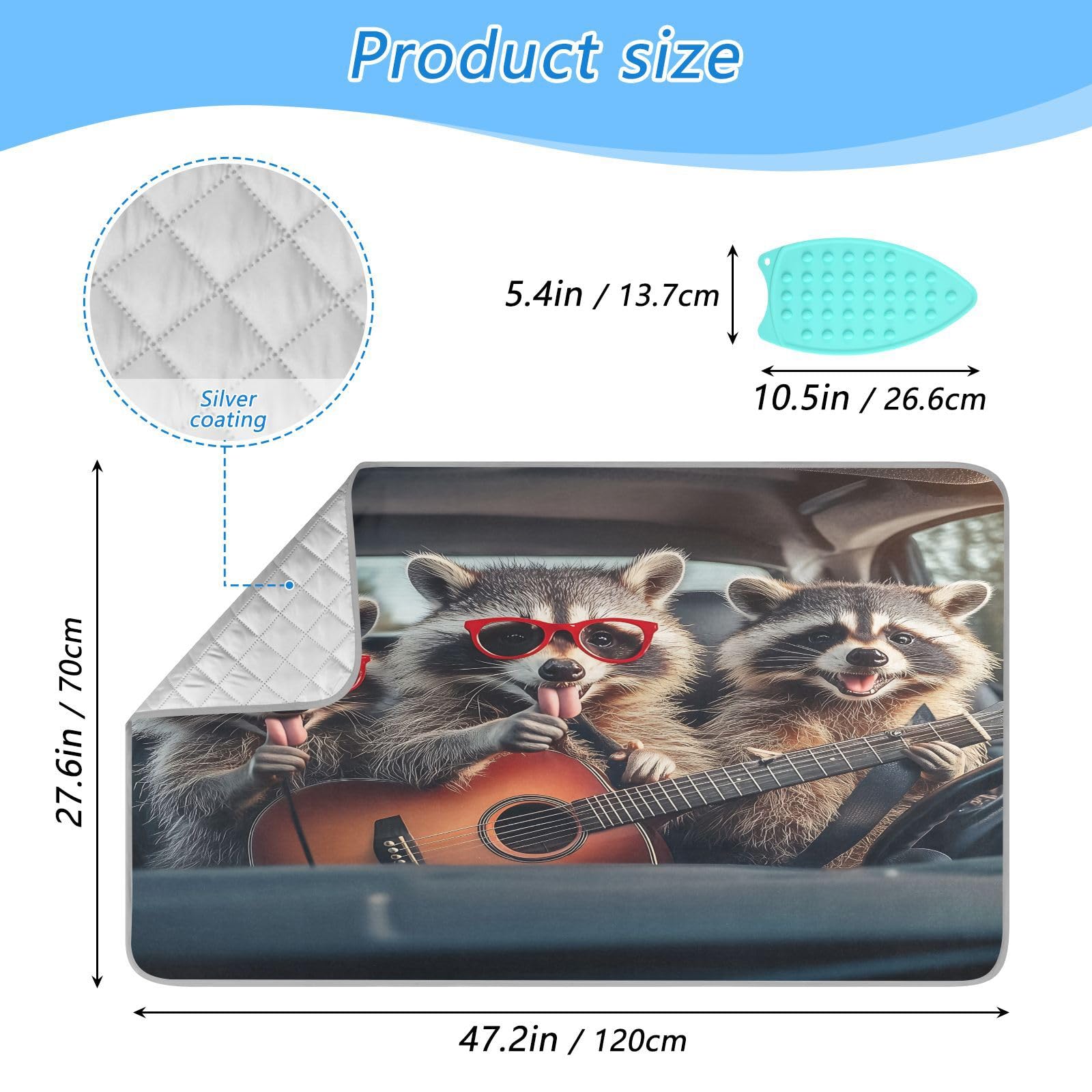 pnyoin Portable Ironing Mat Cute Raccoons with Glasses Travel Ironing Pad with Silicone Iron Rest for Steam Pressing on Tabletop or Bed Heat Resistant Portable Quilting & Travel Blanket