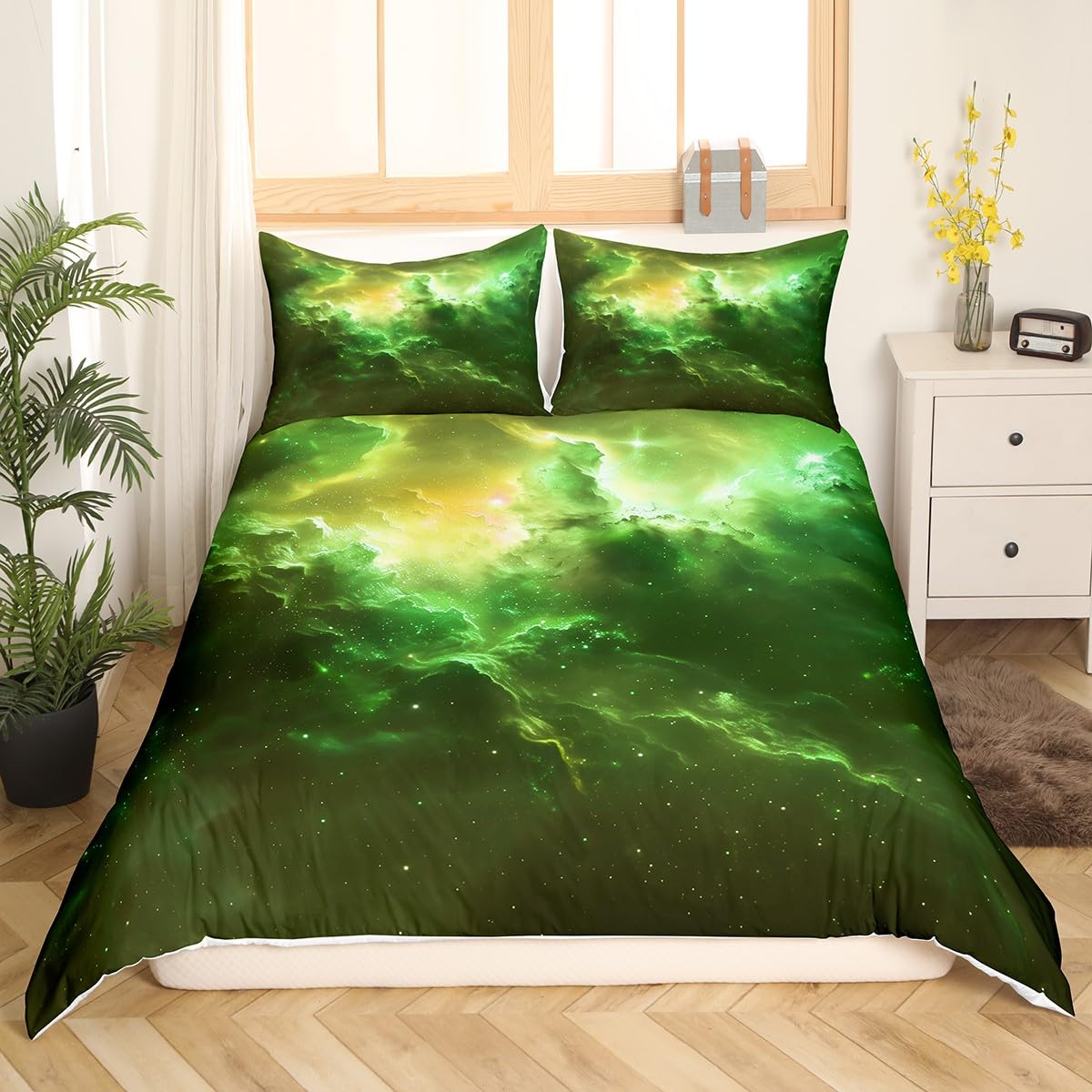 Manfei 3D Universe Print Duvet Cover,Starry Sky Galaxy Green Glitter Duvet Cover for Kids Boys Girls Teens,Fantasy Gradient Outer Space Bedroom Decor Comforter Cover(No Filler) Full