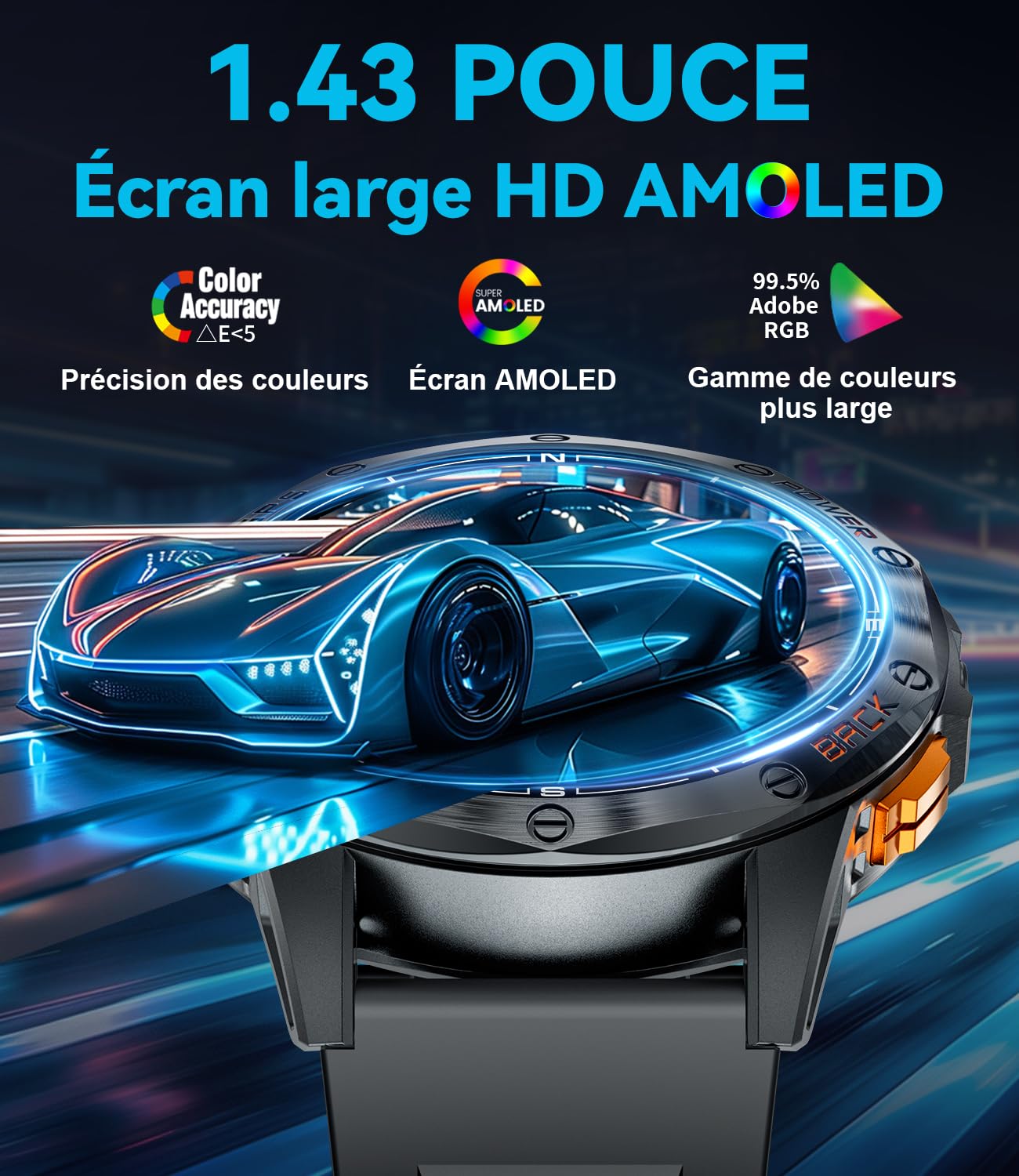 LIGE Montre Connectée Homme GPS avec Boussole/Baromètre, Lampe Torche, Écran AMOLED 1,43", Batterie 600mAh, 5ATM, Appels Bluetooth, Suivi Santé pour Android et iOS, DM1-I