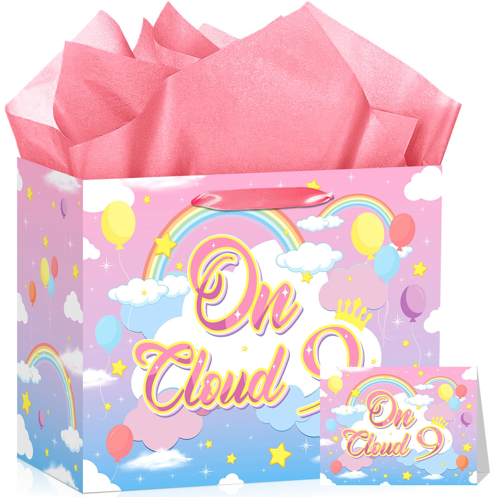 Peconal 9th Birthday Gift Bag On Cloud 9 Birthday Decorations On Cloud 9 Gift Wrapping Paper Bag with Tissue Paper and Greeting Card for Baby Girl