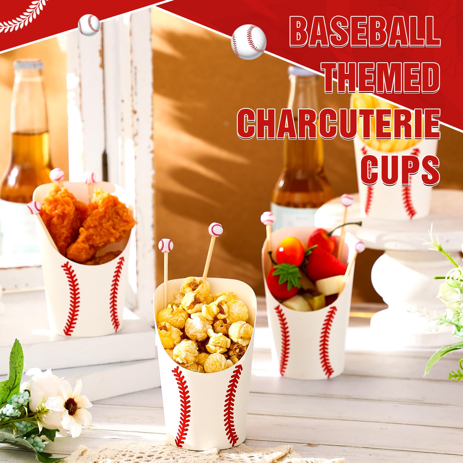 Jingmore 50 Pcs Baseball Charcuterie Cups with 100 Bamboo Cocktail Picks, 12 oz Disposable Cardboard Snack Dessert Appetizer French Fry Cups for Baseball Birthday Party Supplies Decoration