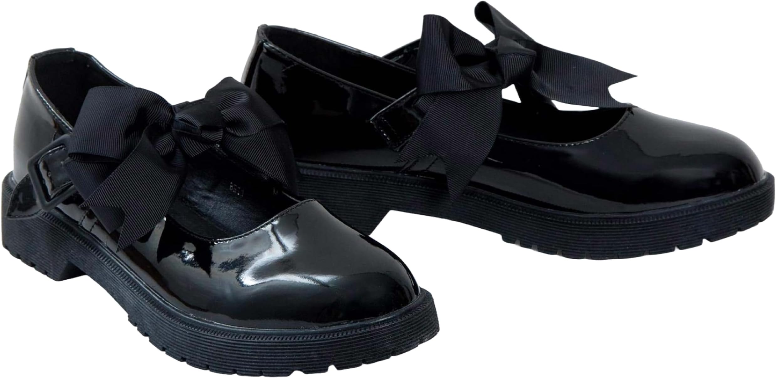 shelikes Girls Back to School Shoes Mary Jane Flat Shoes with Detachable Bow & Black Patent Shiny Ankle Strap