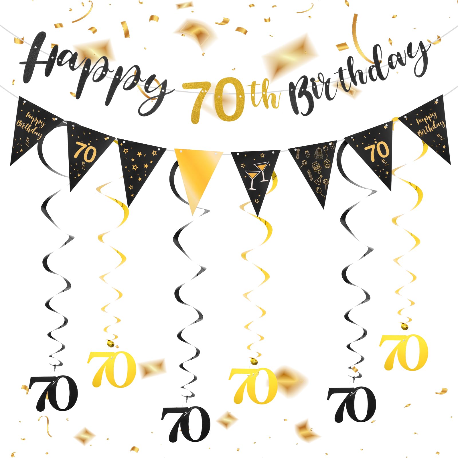 Happy 70th Birthday Banner, Bunting, Triangle Flag, Swirling Ribbons, 70th Birthday Decoration Kit for Party Decorations Supplies for Men Women(Gold, Black)