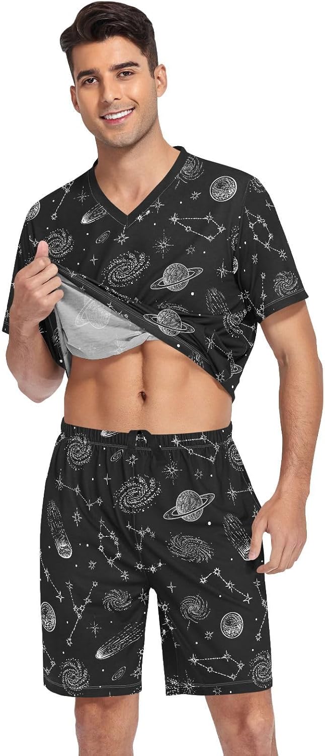 Men's Short Sleeve Pajama Set Summer Pj Short Set 2 Piece Loungewear Sleepwear with Pockets