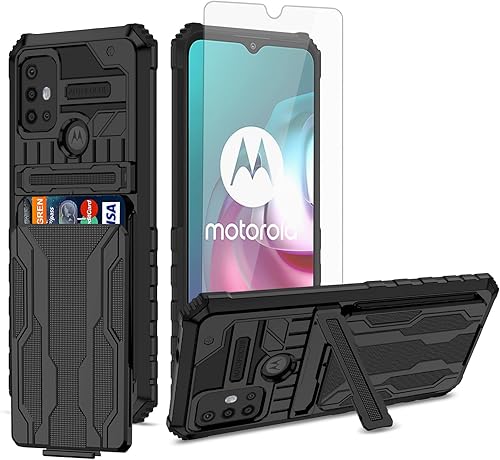 Asuwish Funda de teléfono para Moto G30G20G10 con protector de pantalla de vidrio templado y soporte delgado para tarjetas de crédito, accesorios