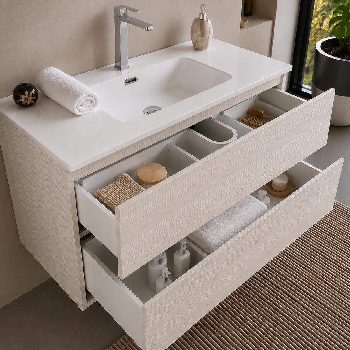 Yellowshop | Mobile Bagno Sospeso CLOE - Composizione Completa con Lavabo Ceramica, Chiusura Soft Close, Finitura Frassino Moirè (70 cm, Mobile con Lavabo)