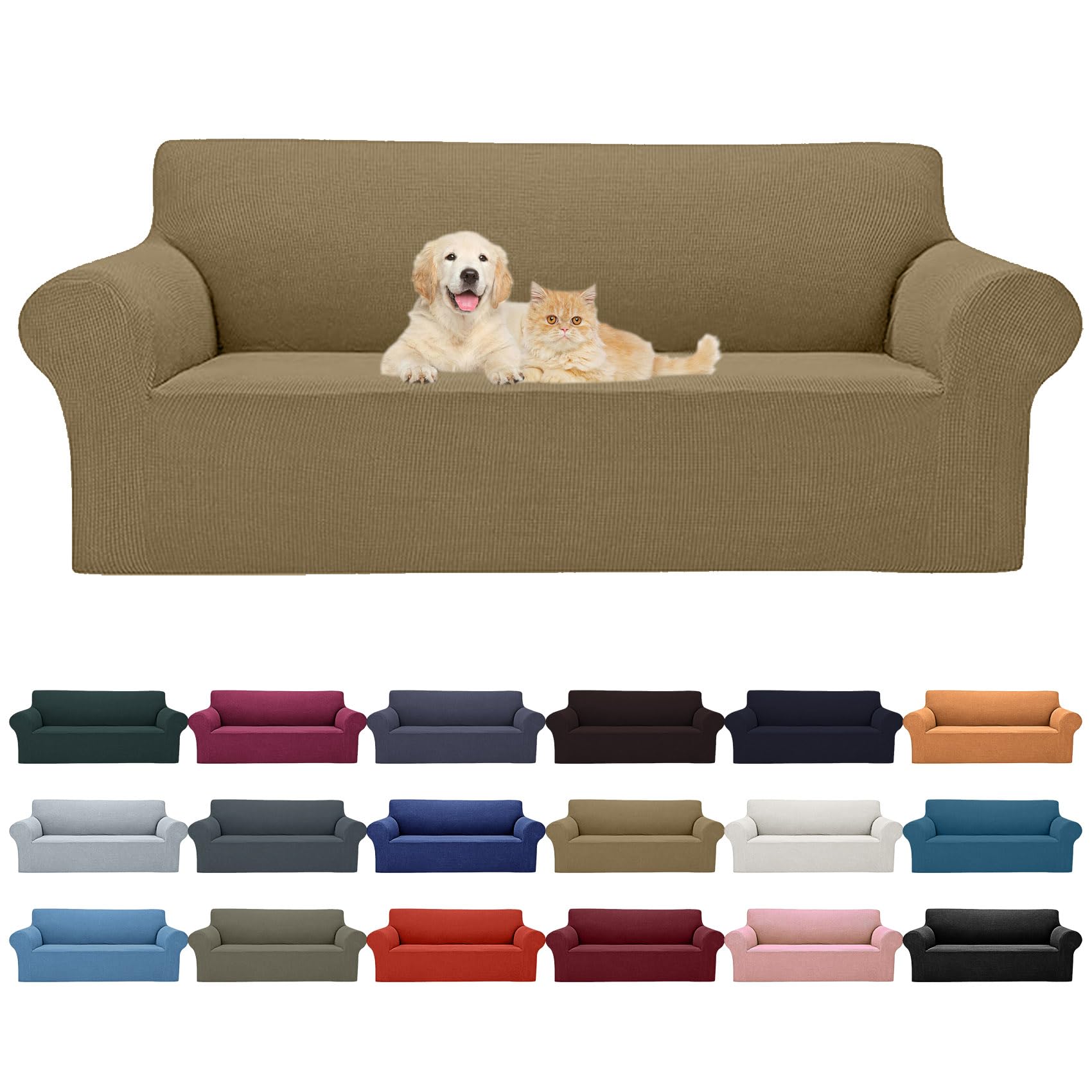 2024 Newest Stretch Oversized Sofa Slipcovers Couch Sofa Cover for 4 Seater Furniture Protector Covers with Elastic Bottom Jacquard Fabric Small Checks for Pets, Kids - Tan