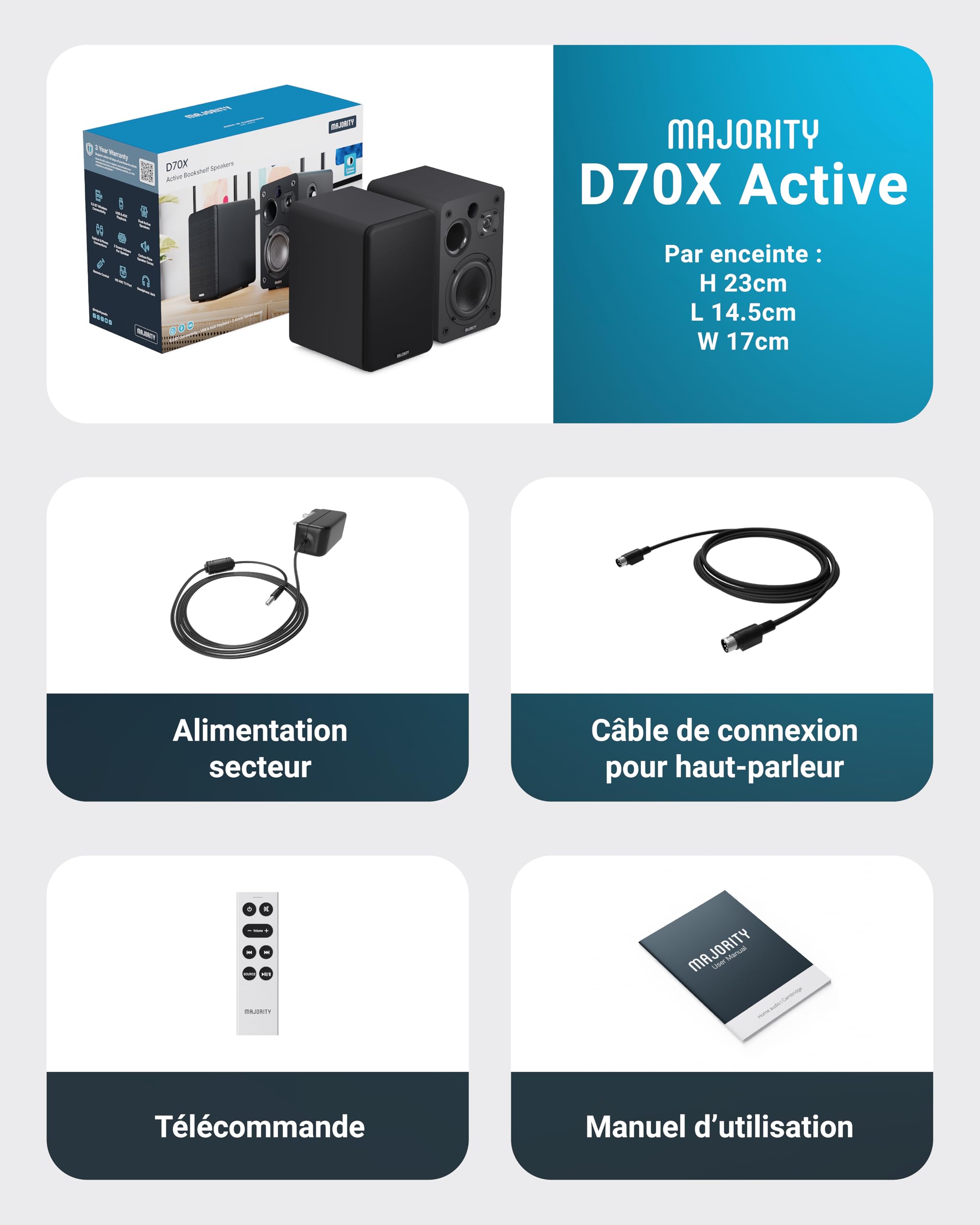 Majority D70X Enceinte Active Amplifiée | 70W Enceinte PC Bluetooth 5.3 | Double Cônes de Haut-Parleurs en Fibre de Carbone Enceintes Bibliotheques | Enceinte Monitoring Studio avec HDMI Arc (Noir)