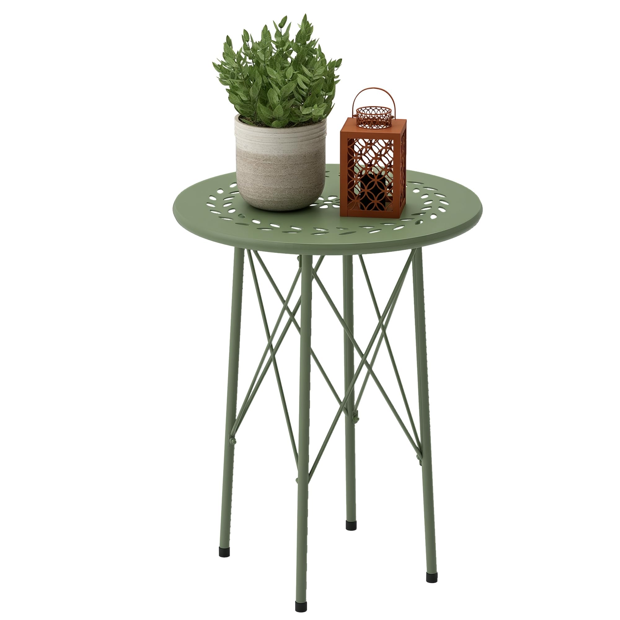 Outsunny 15.7" Round Garden Table with Floral Cut-Out, Steel Balcony Side Bistro Coffee Table, Outdoor Furniture with Adjustable Feet for Patio Garden, Green - 1