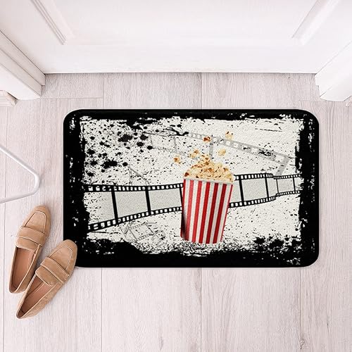 Alfombra vintage de cine con patrón de palomitas de maíz, alfombra esponjosa grunge, hippie, duradera, para interiores, tira de película negra y