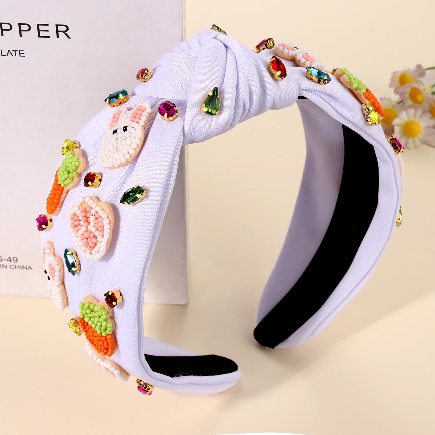 Easter Headbands for Women Colorful Easter Egg Carrot Bunny Headband Embellished Crystal Rhinestone Wide Top Knot Headband Easter Outfits Accessories Spring Holiday Headwear Gifts (Carrot&Bunny A) - Image 3