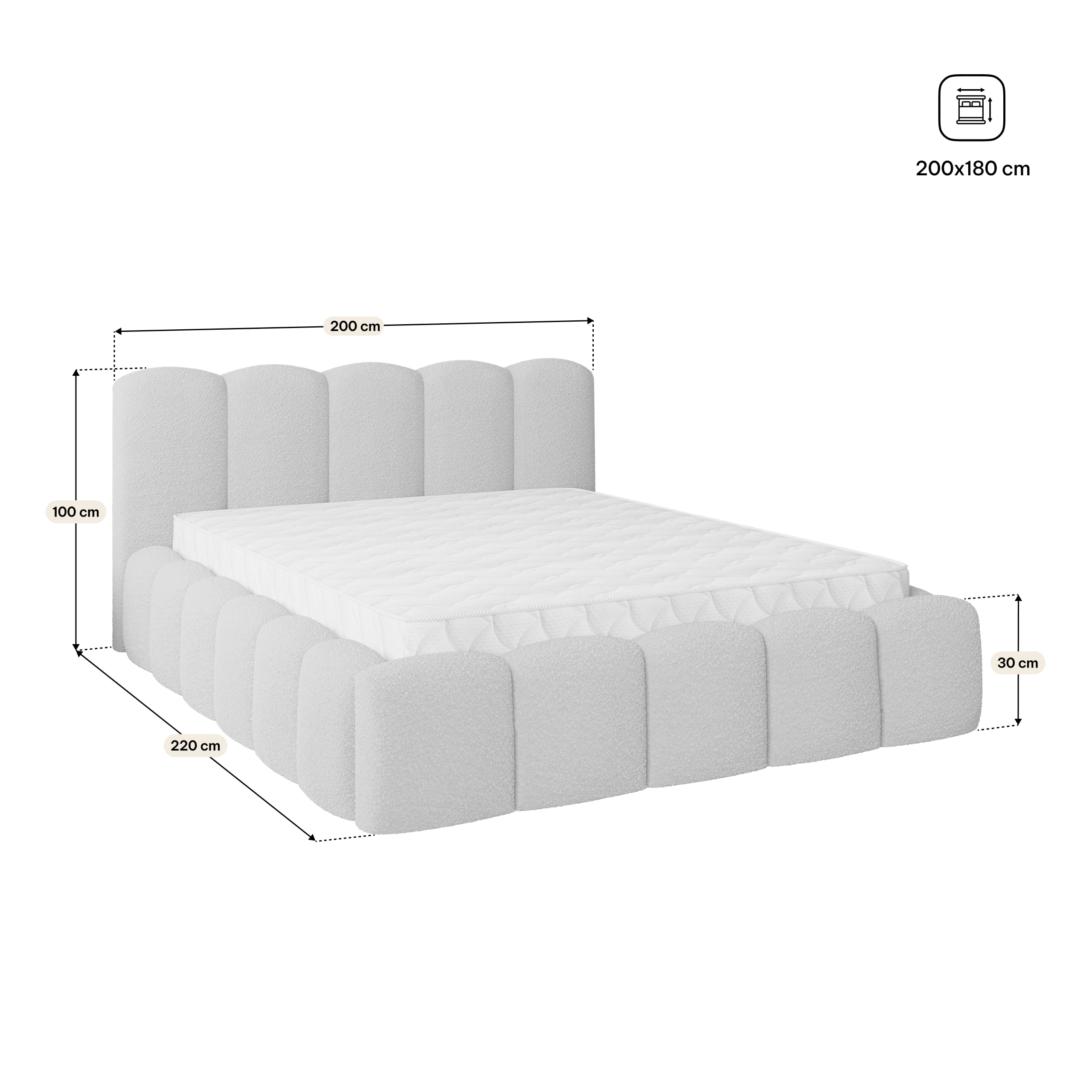 Masseno Łóżko tapicerowane FALINA 180x200 cm, Podwójne łóżko, Rama łóżka z Pojemnikiem na pościel, Stelażem i Wezgłowiem, Styl Klasyczny, Tkanina QUELLE 02 - Kolor Kremowy