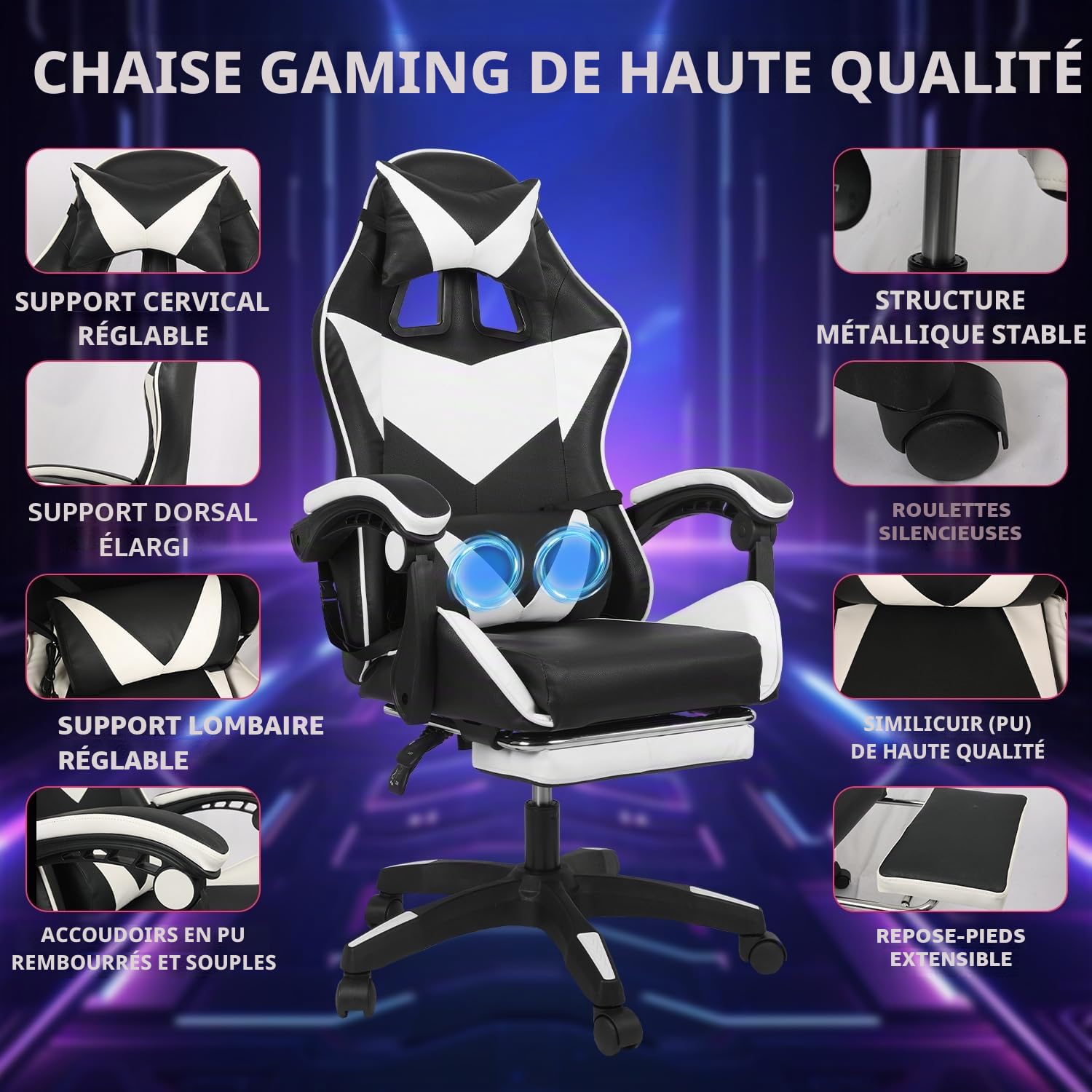 Chaise Gaming Ergonomique Massage à 2 Points, Fauteuil de Bureau avec Repose-Pieds, Appui-Tête & Lombaire Réglables, Capacité de Charge de 150 kg, Noir+Blanc
