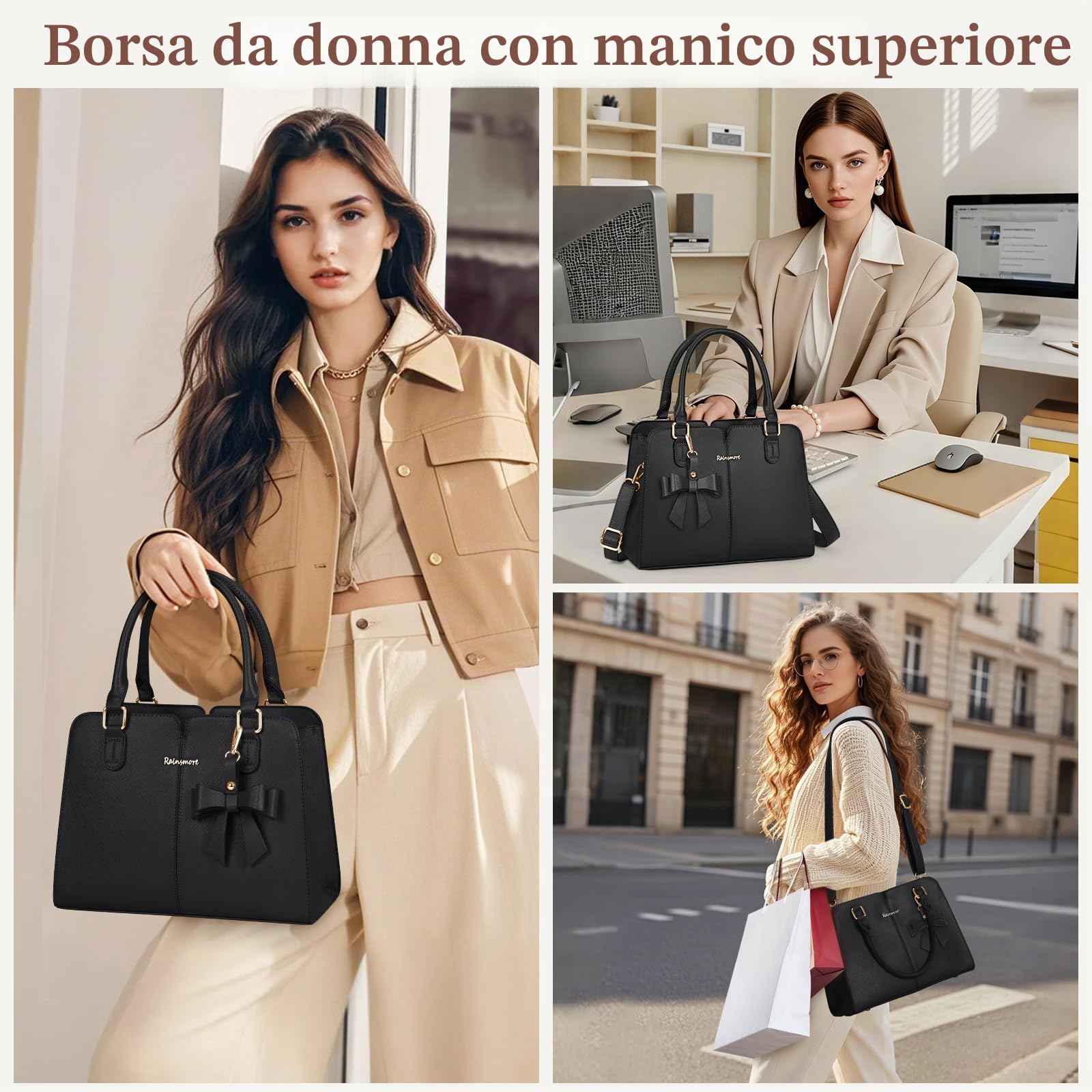 RAINSMORE Borsa Donna in Pelle PU Impermeabile Borsa a Mano con Antifurto Tasca Borse a Tracolla Borsetta Elegante con Fiocco Media Crossbody Tote Bag per Lavoro Shopping Scuola