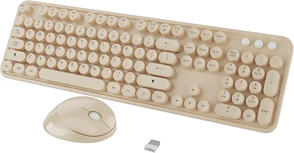 Kootop Wireless Keyboard and Mouse Combo, Cute Colorful 104 Keys Typewriter Retro Round Keycaps Keyboard for PC Laptop,Desktop,Windows, Home and Office Keyboards Coffee