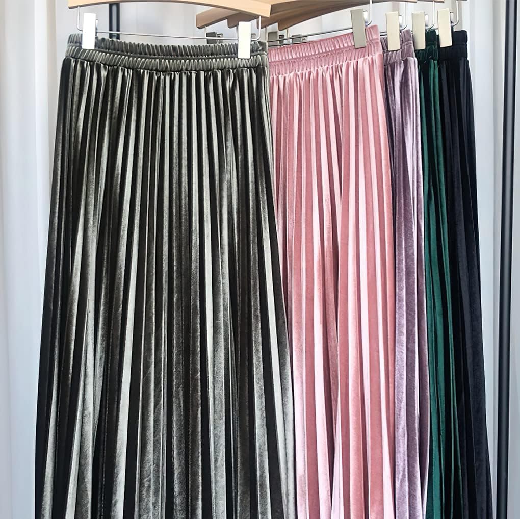 ebossy Women's Fall Winter High Wasit Ankle Length Velvet Maxi Long Pleated Skirt - Image 2