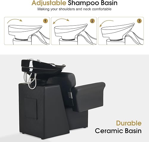 Miniatura 4 de BarberPub Silla de estación de champú negra para estilista, champú retrolavado de cerámica y juego de sillas para salón, salón en casa, barbería 9104