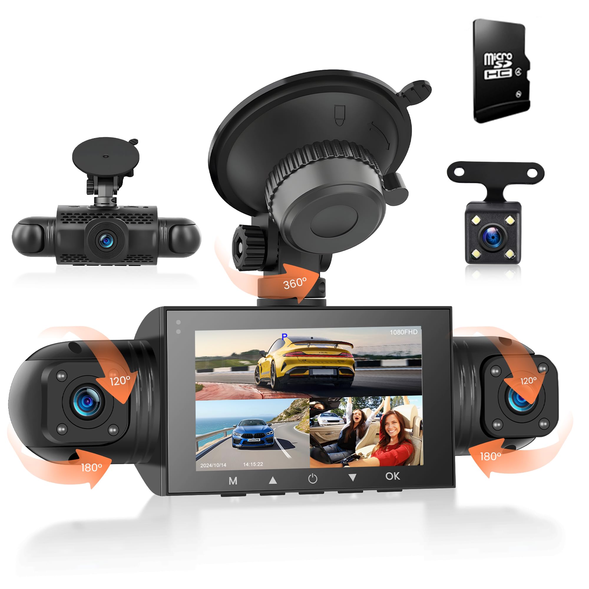 Dashcam para Coche 4 Canales 360°, 4 1080P Delantera y Trasera Izquierda Derecha, Dash CAM de 3 Pulgadas 1080P con Visión Nocturna IR/Vídeo en Bucle/24H Monitor/G-Sensor de Aparcamiento 64 GB Tarjeta