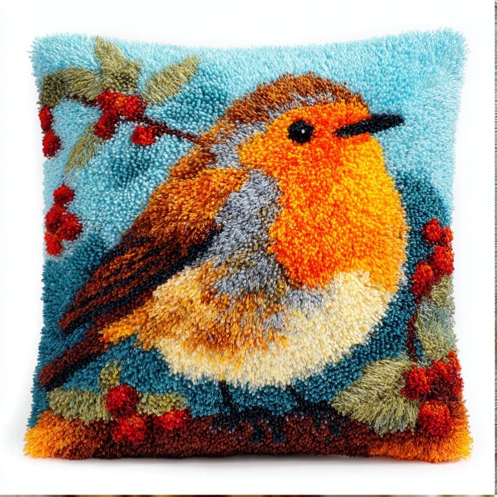 Taxpy DIY Latch Hook Pillow Kit Pre-Printed Hook and Latch Rug Kits Robin 17X17 Inch.Cross-Stitch Embroidery Cushion Cover for Home Sofa Decoration