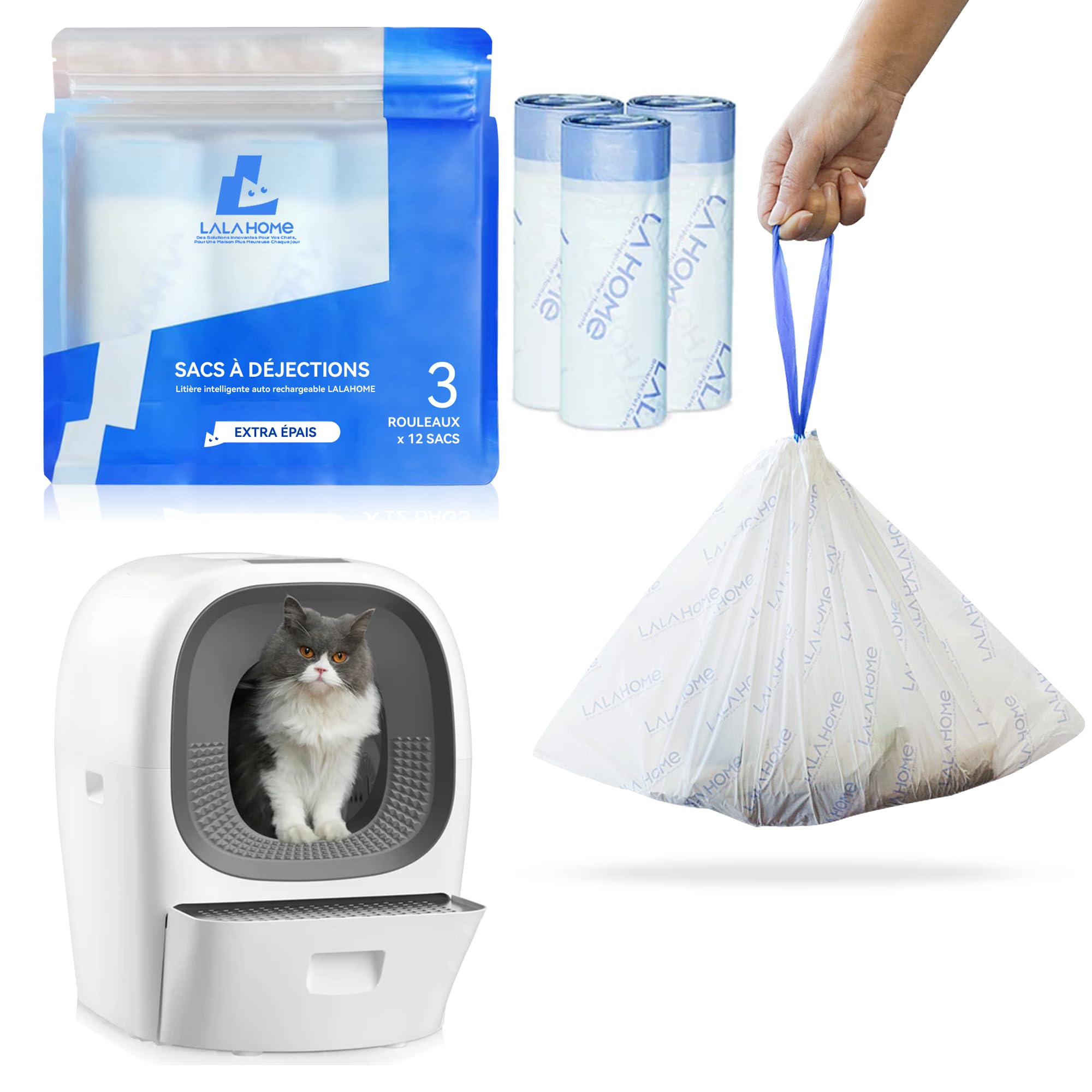 Sac Poubelle de Doublure pour litière autonettoyante – Sac Poubelle de Recharge pour litière Automatique pour Chat, 36 Sacs à déchets compatibles avec Cordon de Serrage – LALAHOME