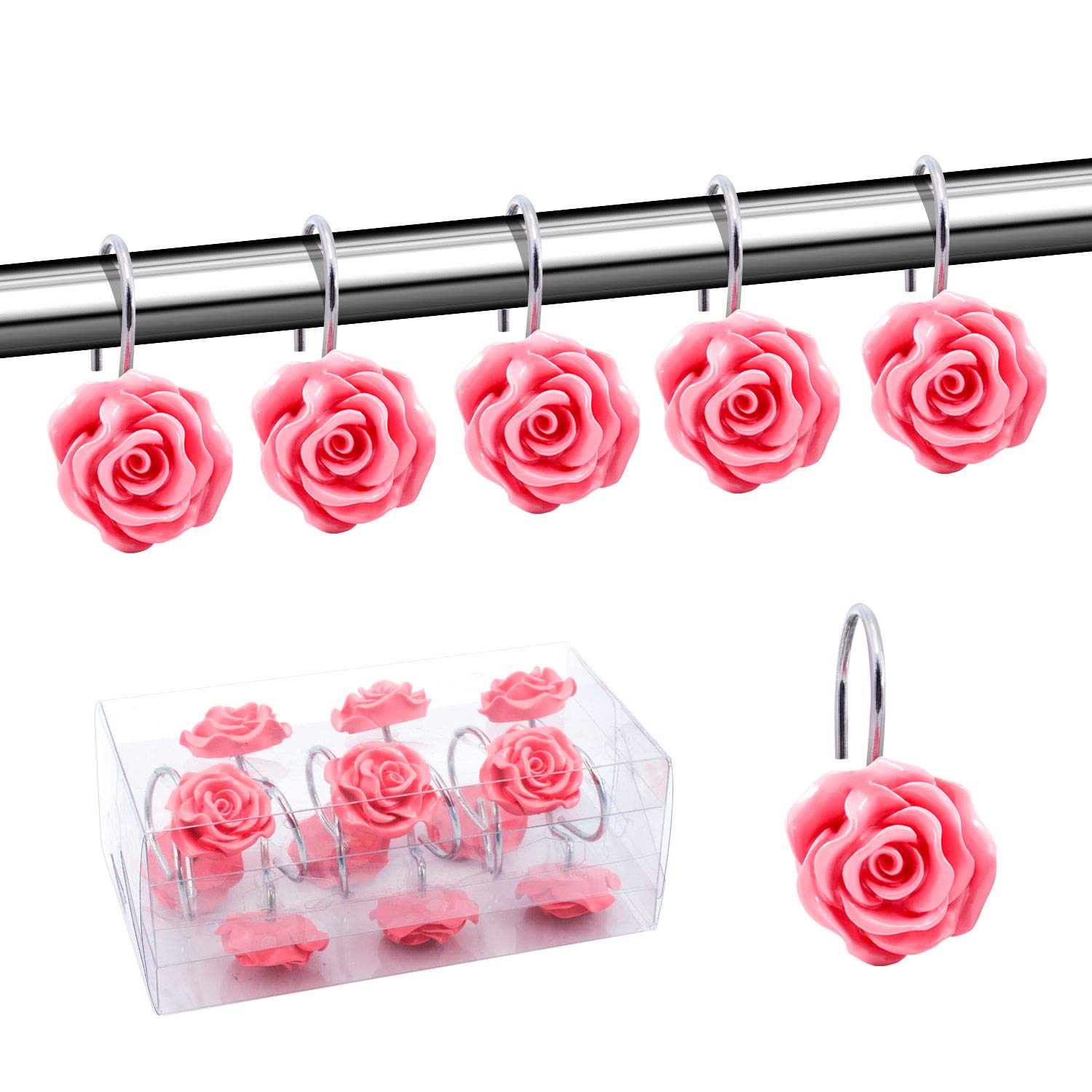 BEAVOShower Curtain Hooks, Home Decorative Rustproof Shower Curtain Hooks Resin Rose Flower Shower Hooks Rings Bathroom Shower Rods Curtains,Set of 12 Hooks Pink BVO-50011